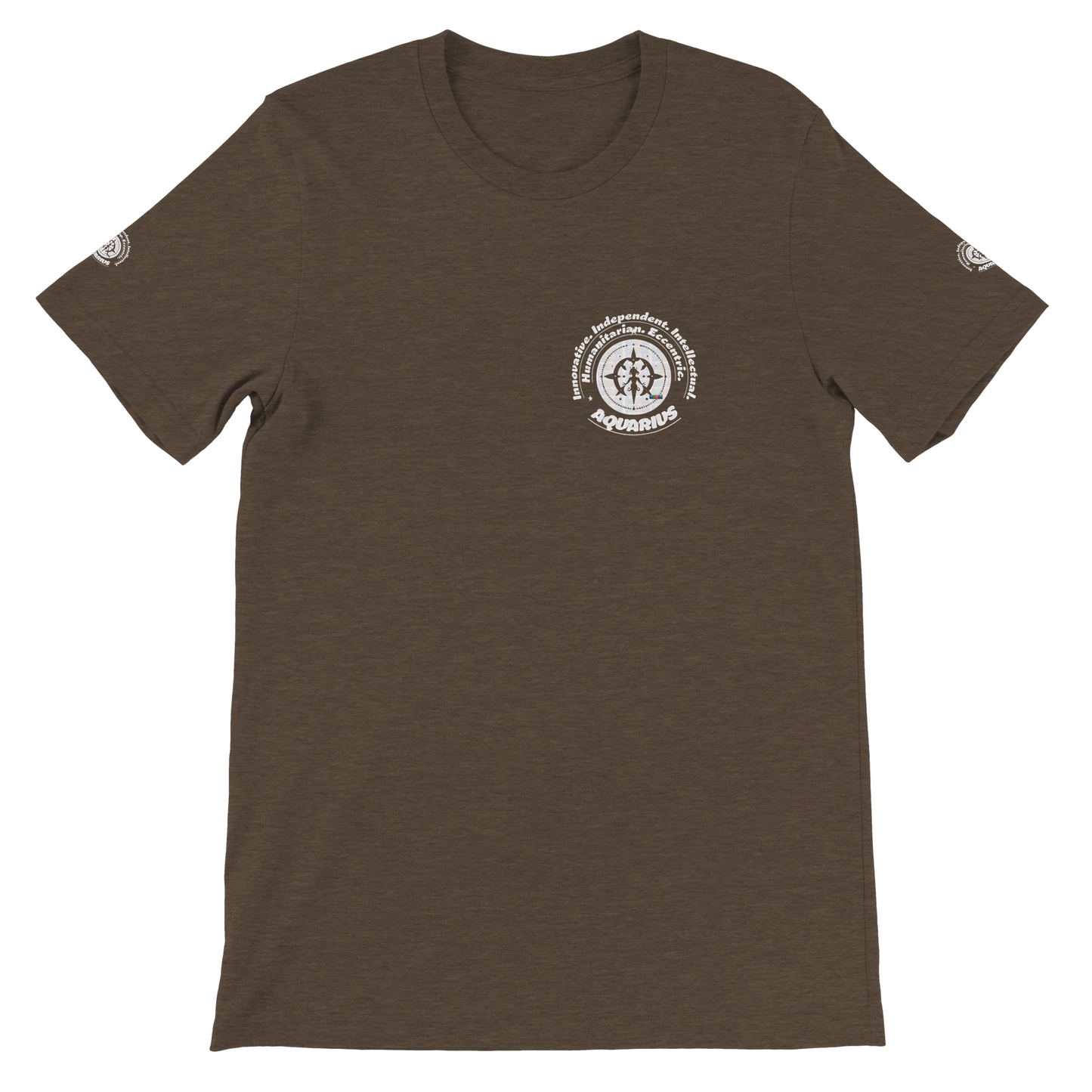 Brown unisex crewneck T-shirt with Aquarius zodiac design, perfect birthday gift for horoscope lovers, by trendybuybest.com.