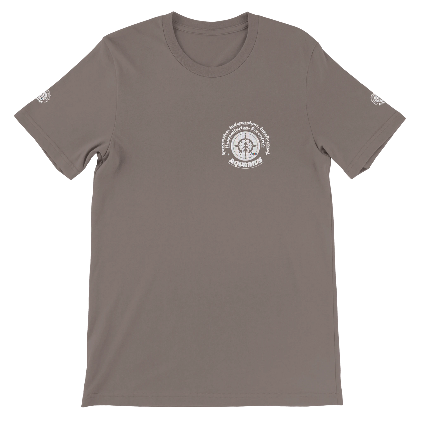 Brown unisex crewneck T-shirt with Aquarius zodiac design, perfect birthday gift for horoscope lovers, by trendybuybest.com.