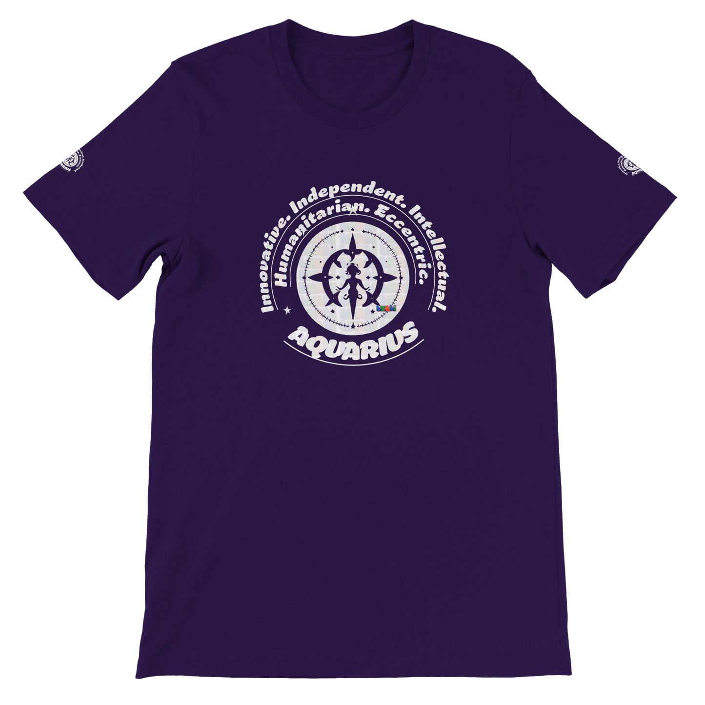 Purple unisex crewneck T-shirt with Aquarius zodiac horoscope, Innovative, Independent, Intellectual, Humanitarian, Eccentric.