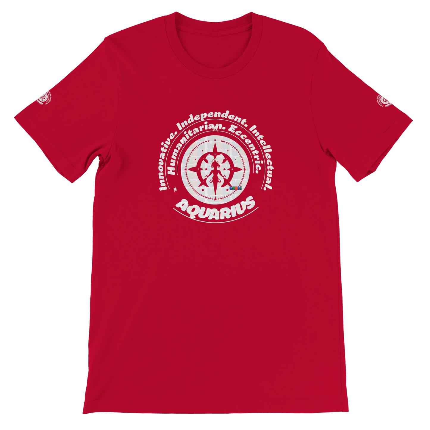 Red unisex crewneck T-shirt with Aquarius zodiac design, perfect birthday gift for horoscope lovers, by trendybuybest.com.