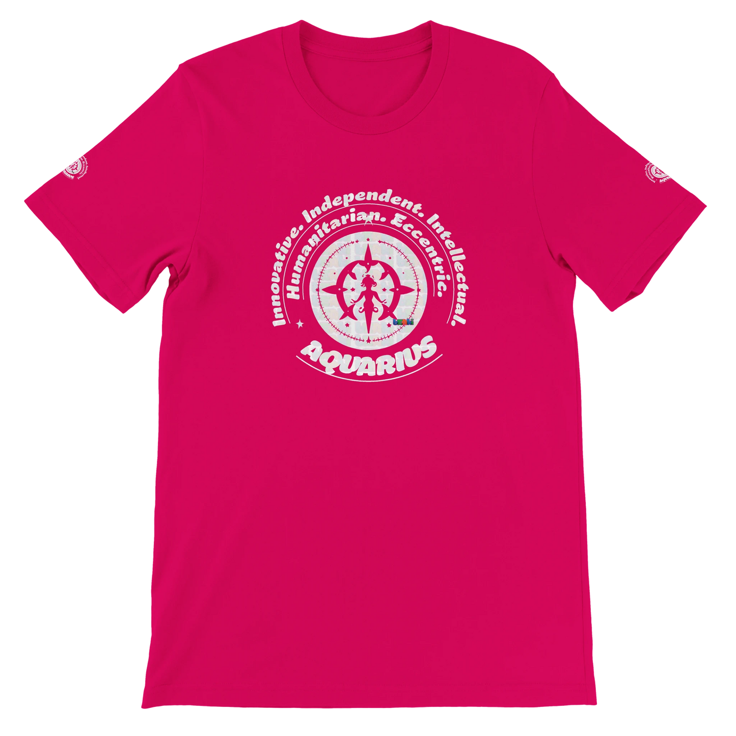 Red unisex crewneck T-shirt with Aquarius zodiac design, perfect birthday gift for horoscope lovers, by trendybuybest.com.