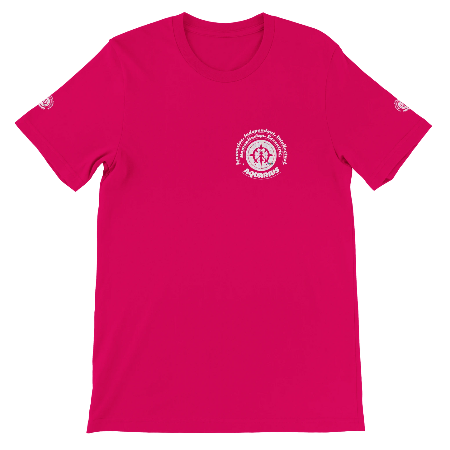 Red unisex crewneck T-shirt with Aquarius zodiac design, perfect birthday gift for horoscope lovers, by trendybuybest.com.