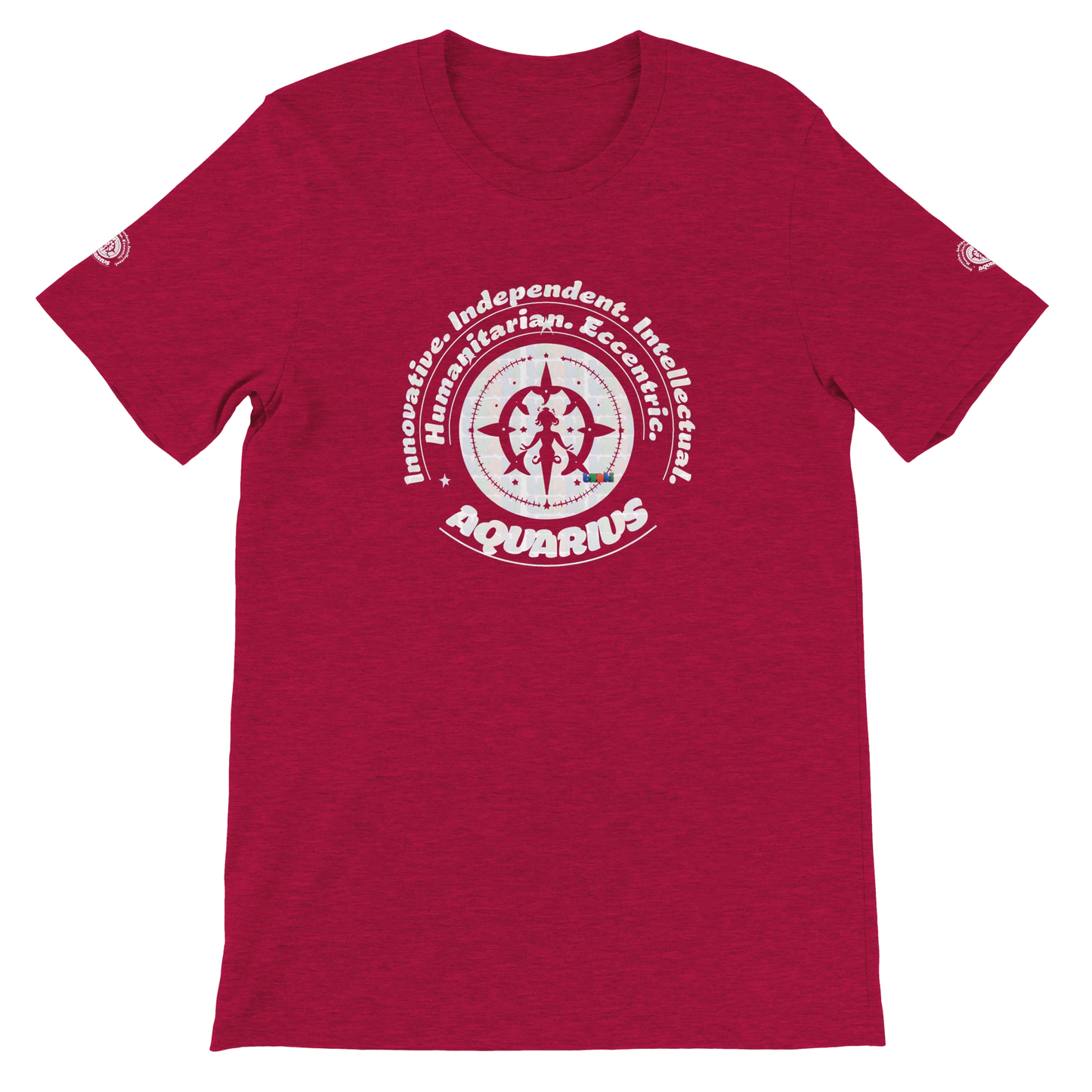 Red unisex crewneck T-shirt with Aquarius zodiac design, perfect birthday gift for horoscope lovers, by trendybuybest.com.