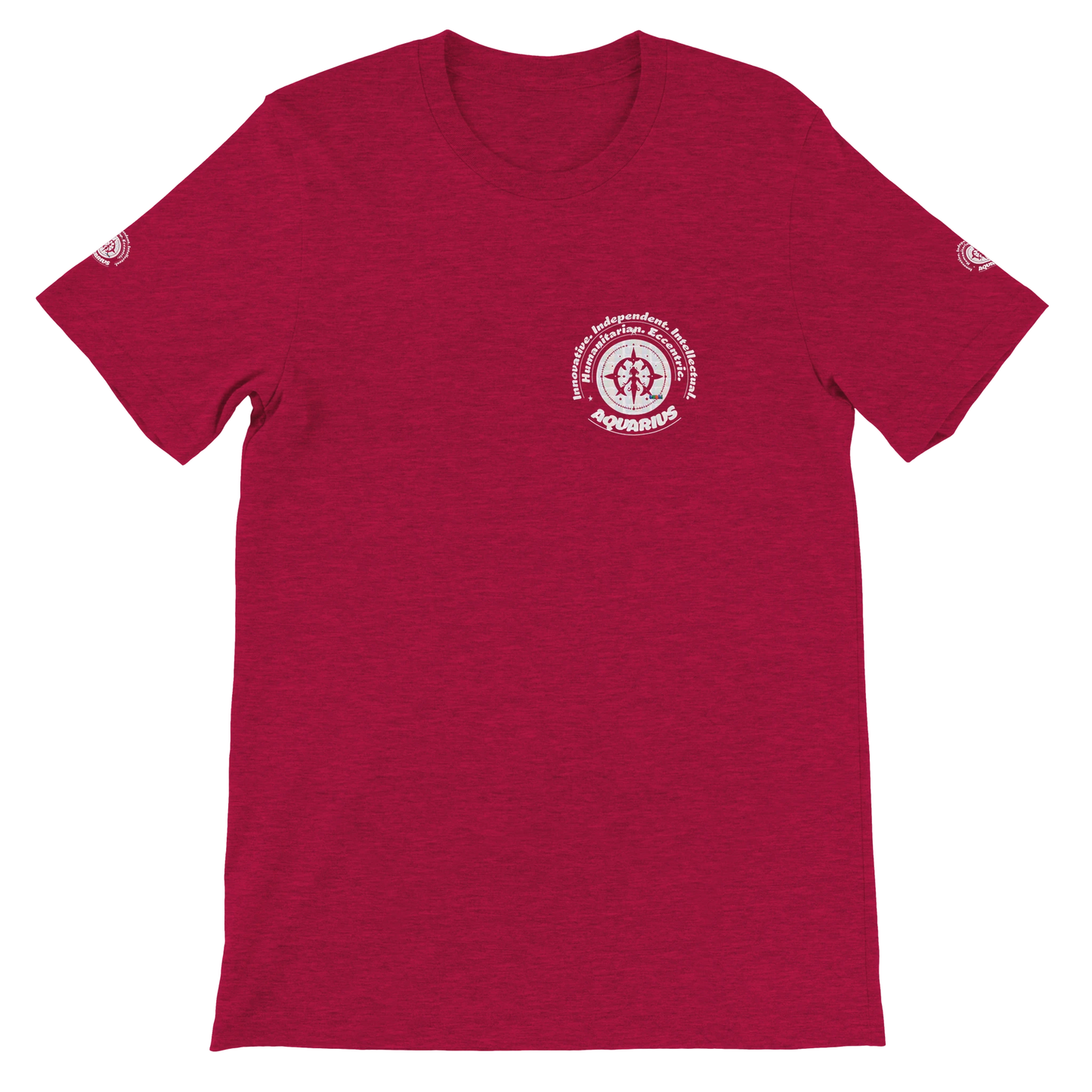 Red unisex crewneck T-shirt with Aquarius zodiac design, perfect birthday gift for horoscope lovers, by trendybuybest.com.