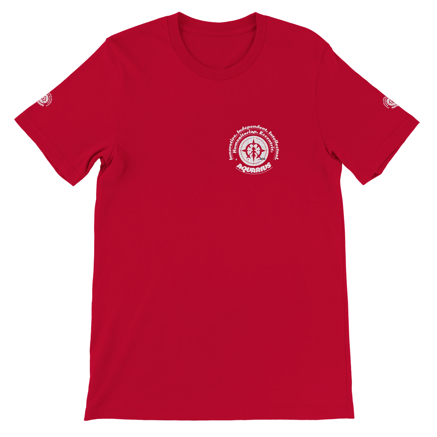 Red unisex crewneck T-shirt with Aquarius zodiac design, perfect birthday gift for horoscope lovers, by trendybuybest.com.
