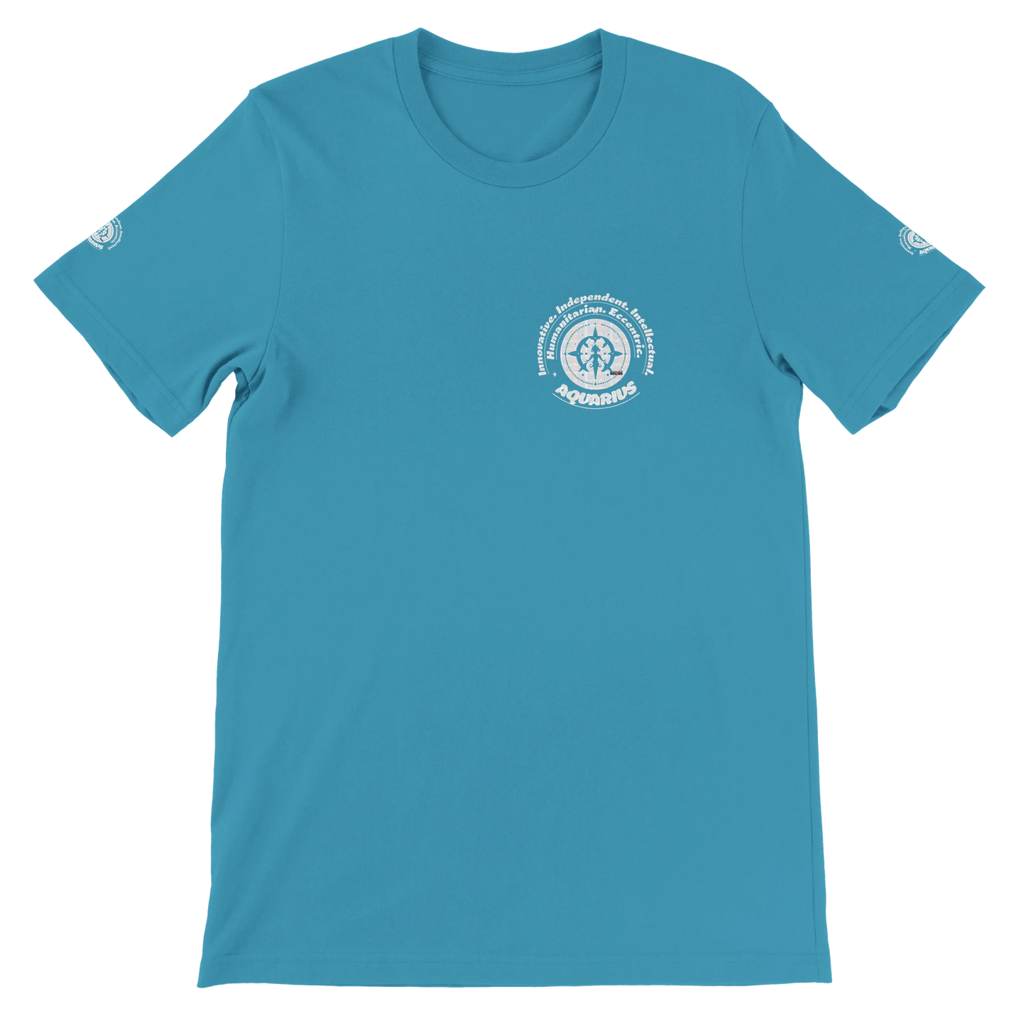 Blue unisex crewneck T-shirt with Aquarius design, perfect zodiac gift, stylish and comfortable for astrology enthusiasts.