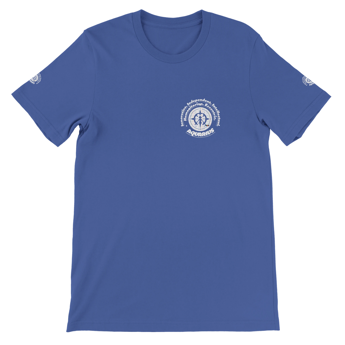 Blue unisex crewneck T-shirt with Aquarius design, perfect zodiac gift, stylish and comfortable for astrology enthusiasts.