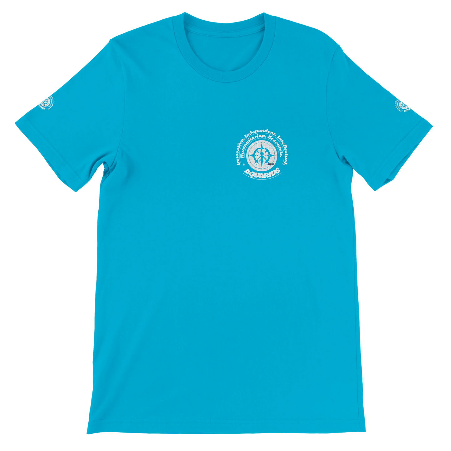 Blue unisex crewneck T-shirt with Aquarius design, perfect zodiac gift, stylish and comfortable for astrology enthusiasts.