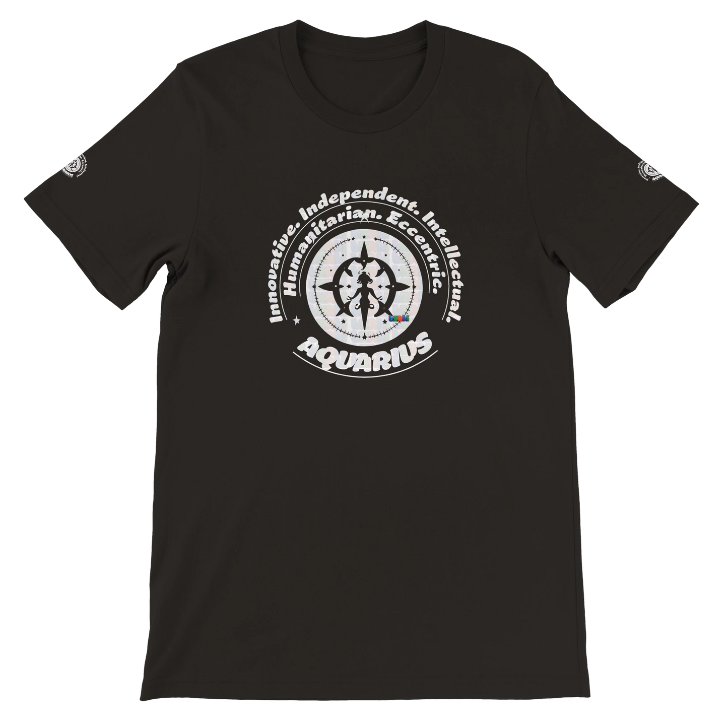 Black unisex crewneck T-shirt with Aquarius zodiac horoscope, ideal gift for a special loved one. Soft, stylish, and unique.