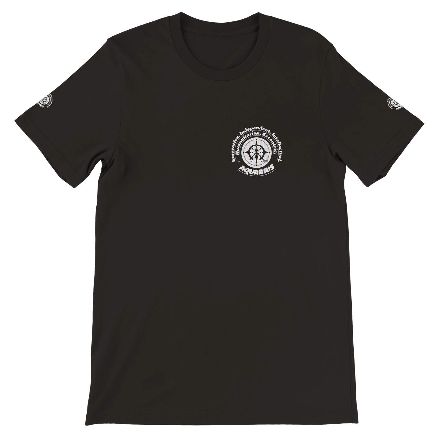 Black unisex crewneck T-shirt with Aquarius zodiac horoscope, ideal gift for a special loved one. Soft, stylish, and unique.