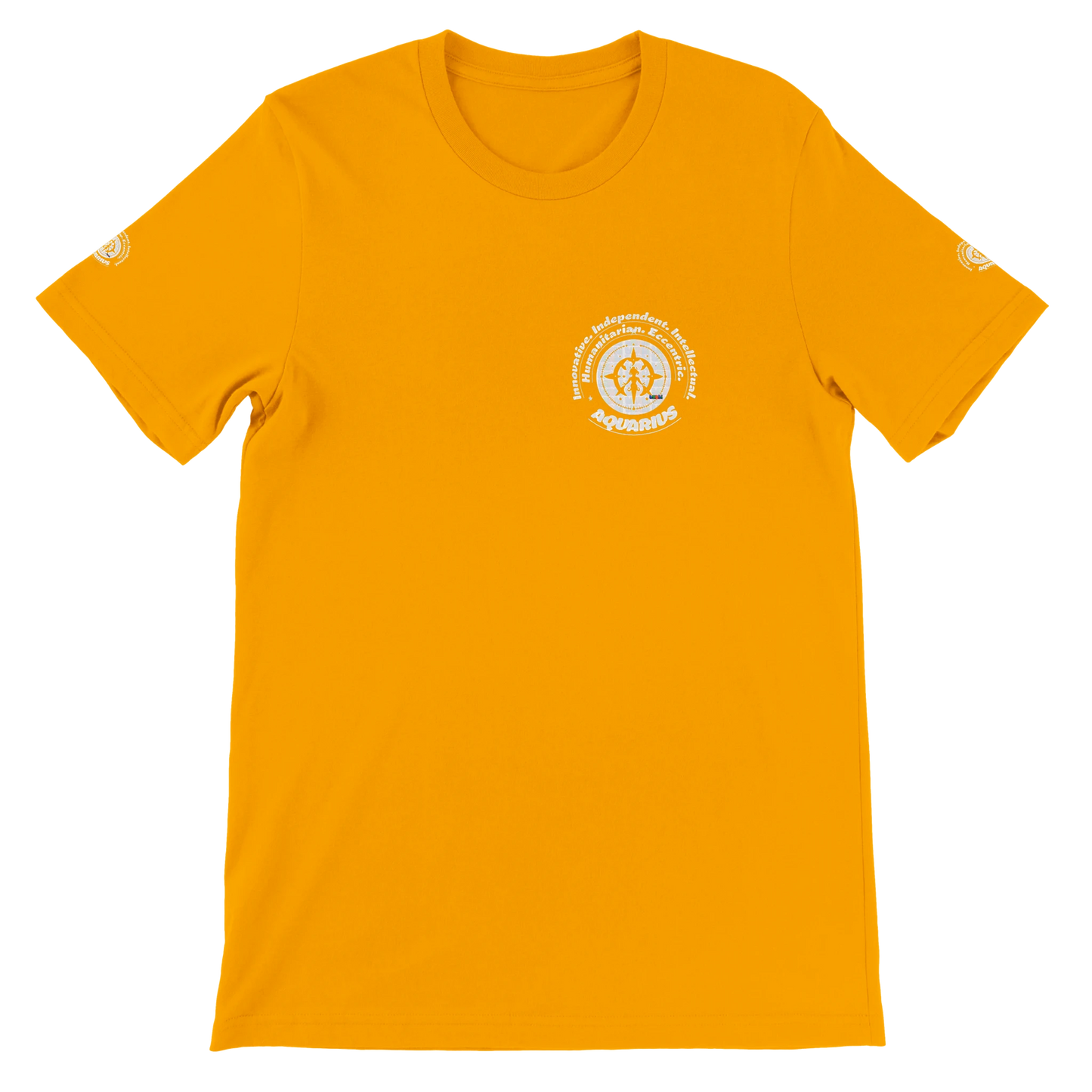 Yellow unisex crewneck T-shirt with Aquarius Astrology design, Innovative, Independent, Intellectual, Humanitarian, Eccentric.