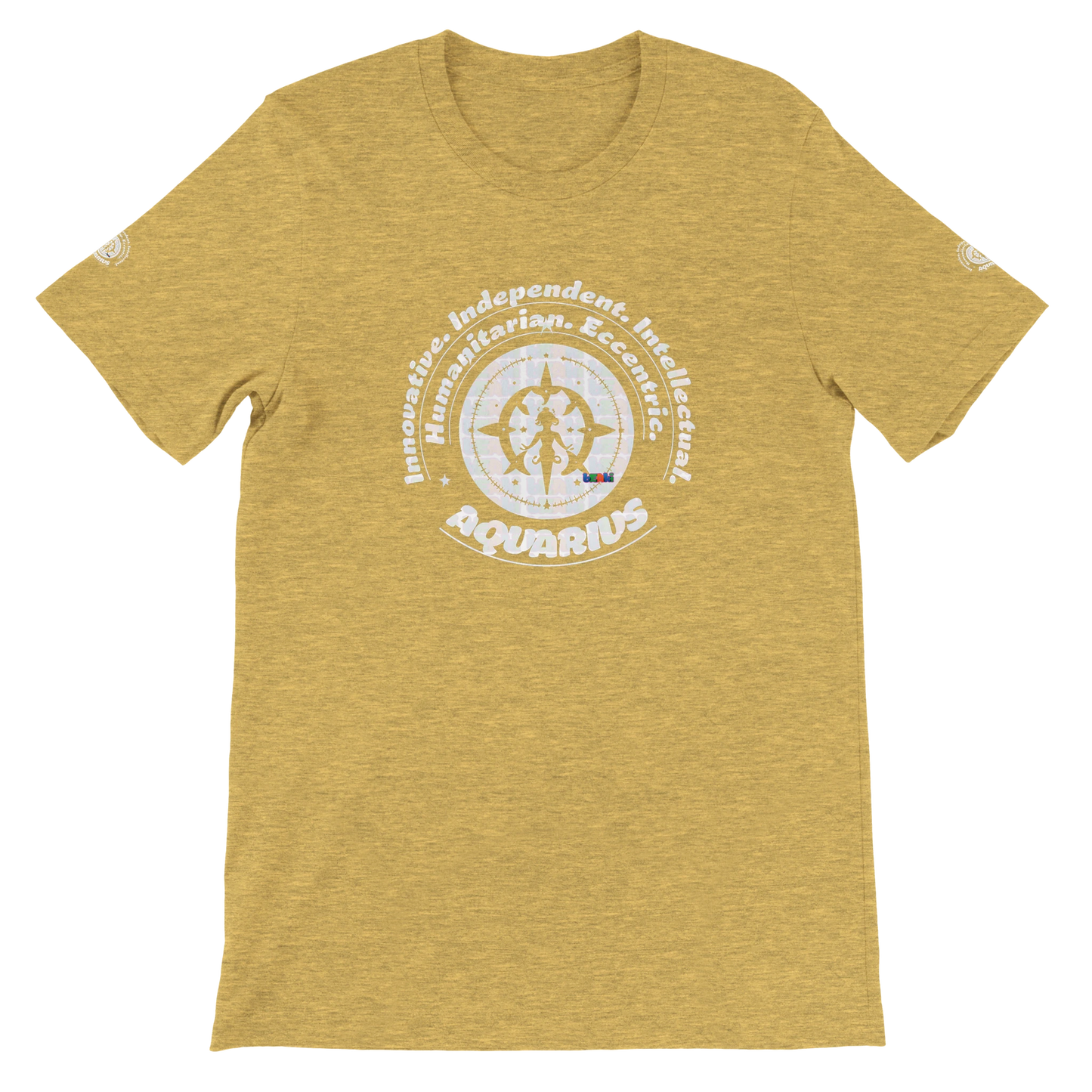 Yellow unisex crewneck T-shirt with Aquarius Astrology design, Innovative, Independent, Intellectual, Humanitarian, Eccentric.