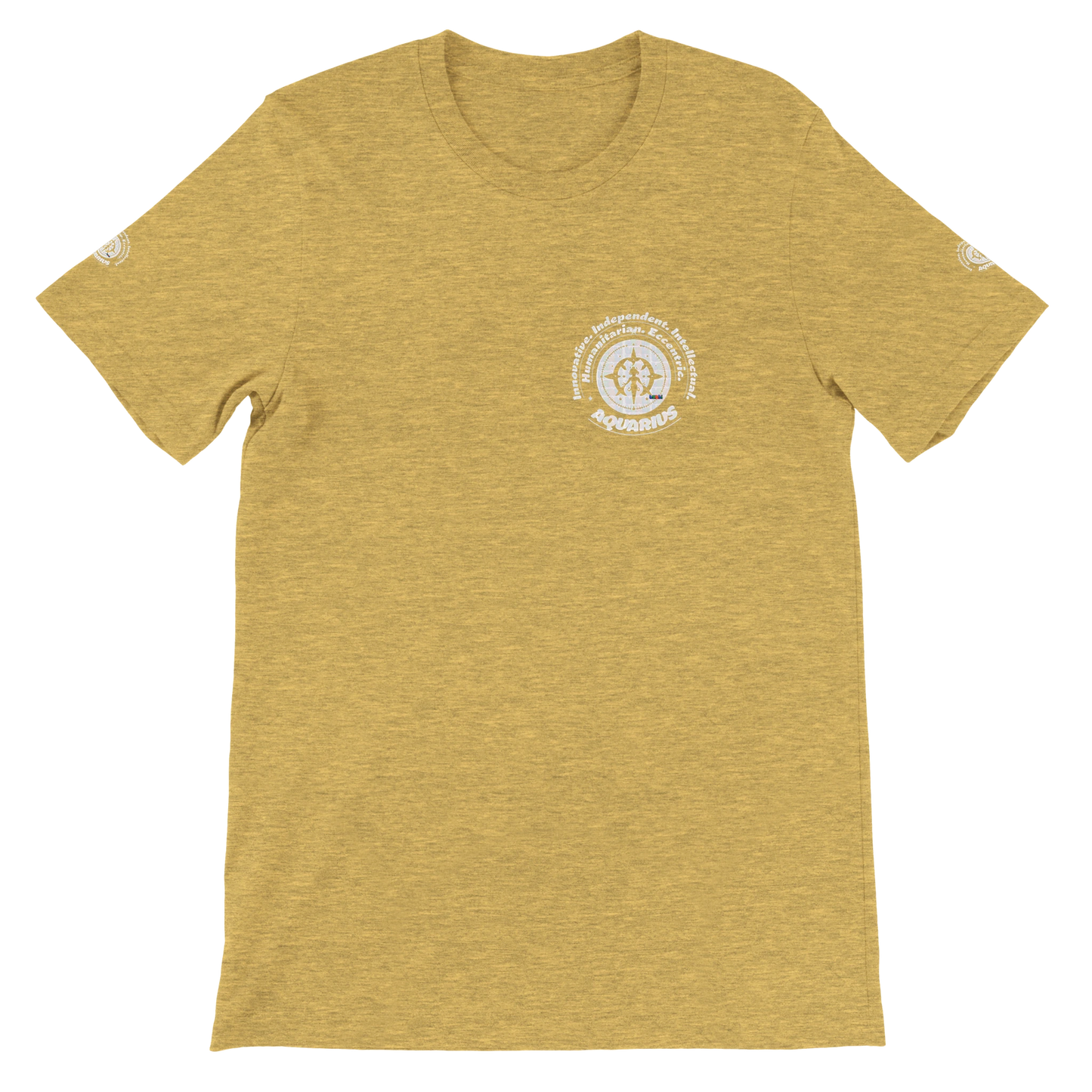 Yellow unisex crewneck T-shirt with Aquarius Astrology design, Innovative, Independent, Intellectual, Humanitarian, Eccentric.