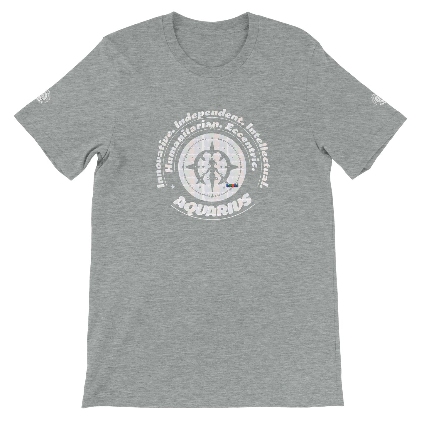 Gray unisex crewneck T-shirt with Aquarius astrology design. Perfect gift, stylish and comfortable for astrology enthusiasts.