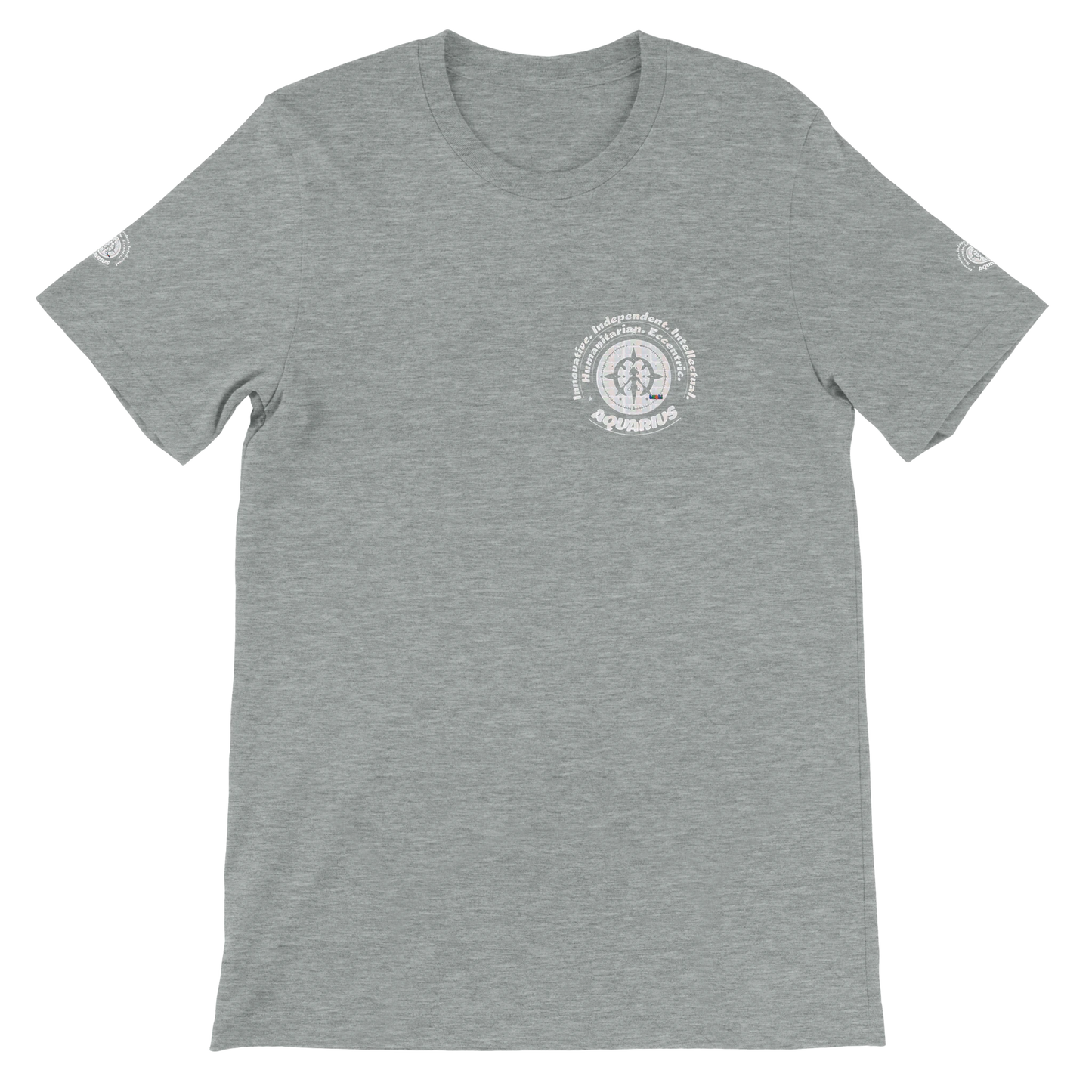 Gray unisex crewneck T-shirt with Aquarius astrology design. Perfect gift, stylish and comfortable for astrology enthusiasts.