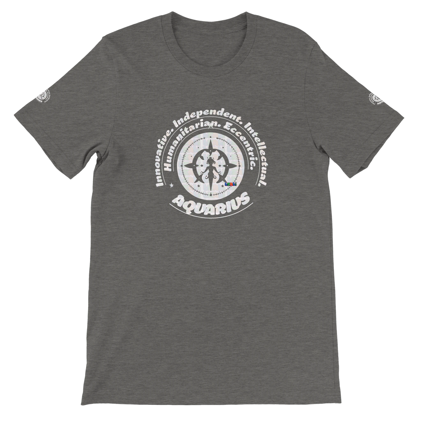 Gray unisex crewneck T-shirt with Aquarius astrology design. Perfect gift, stylish and comfortable for astrology enthusiasts.