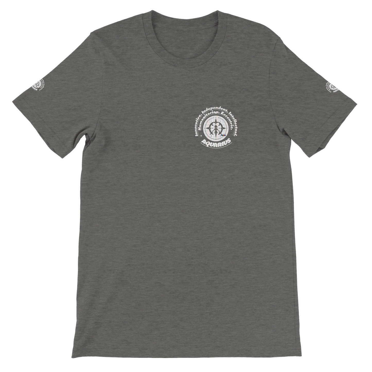 Gray unisex crewneck T-shirt with Aquarius astrology design. Perfect gift, stylish and comfortable for astrology enthusiasts.