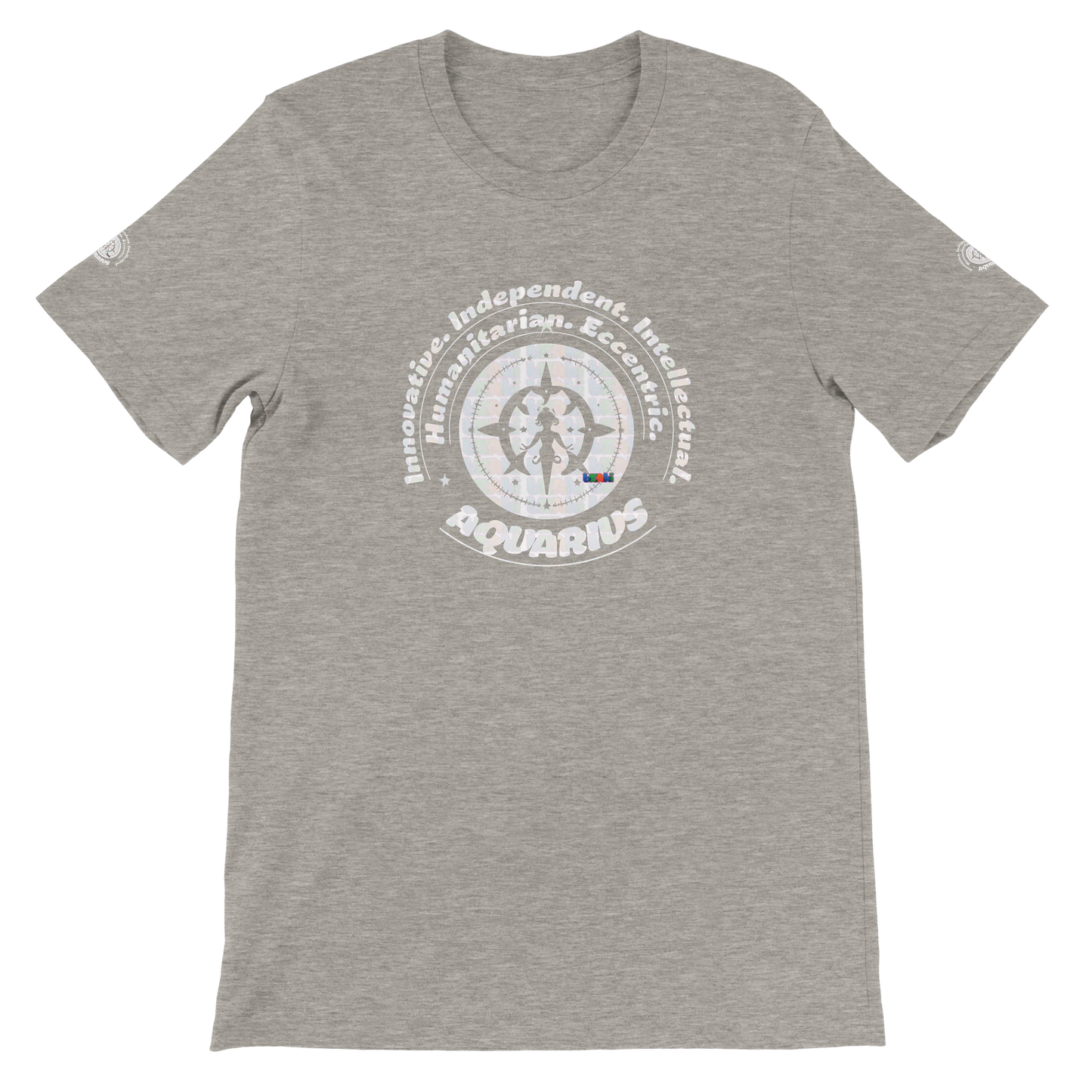 Gray unisex crewneck T-shirt with Aquarius astrology design. Perfect gift, stylish and comfortable for astrology enthusiasts.