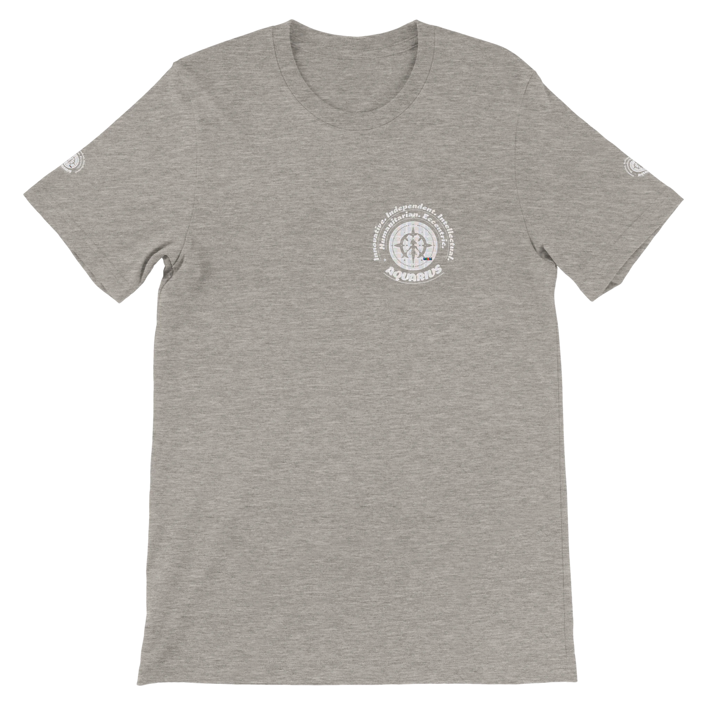Gray unisex crewneck T-shirt with Aquarius astrology design. Perfect gift, stylish and comfortable for astrology enthusiasts.