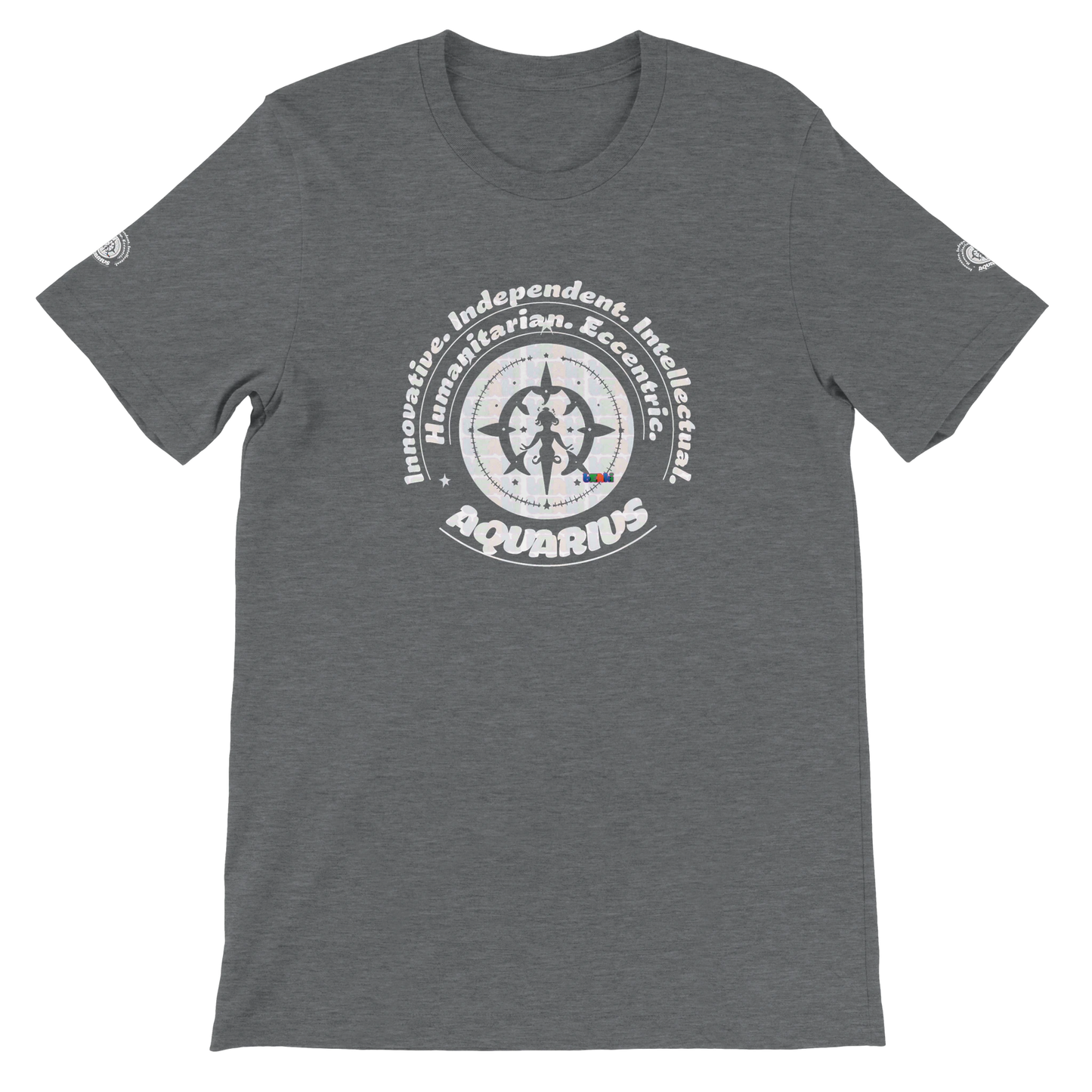 Gray unisex crewneck T-shirt with Aquarius astrology design. Perfect gift, stylish and comfortable for astrology enthusiasts.