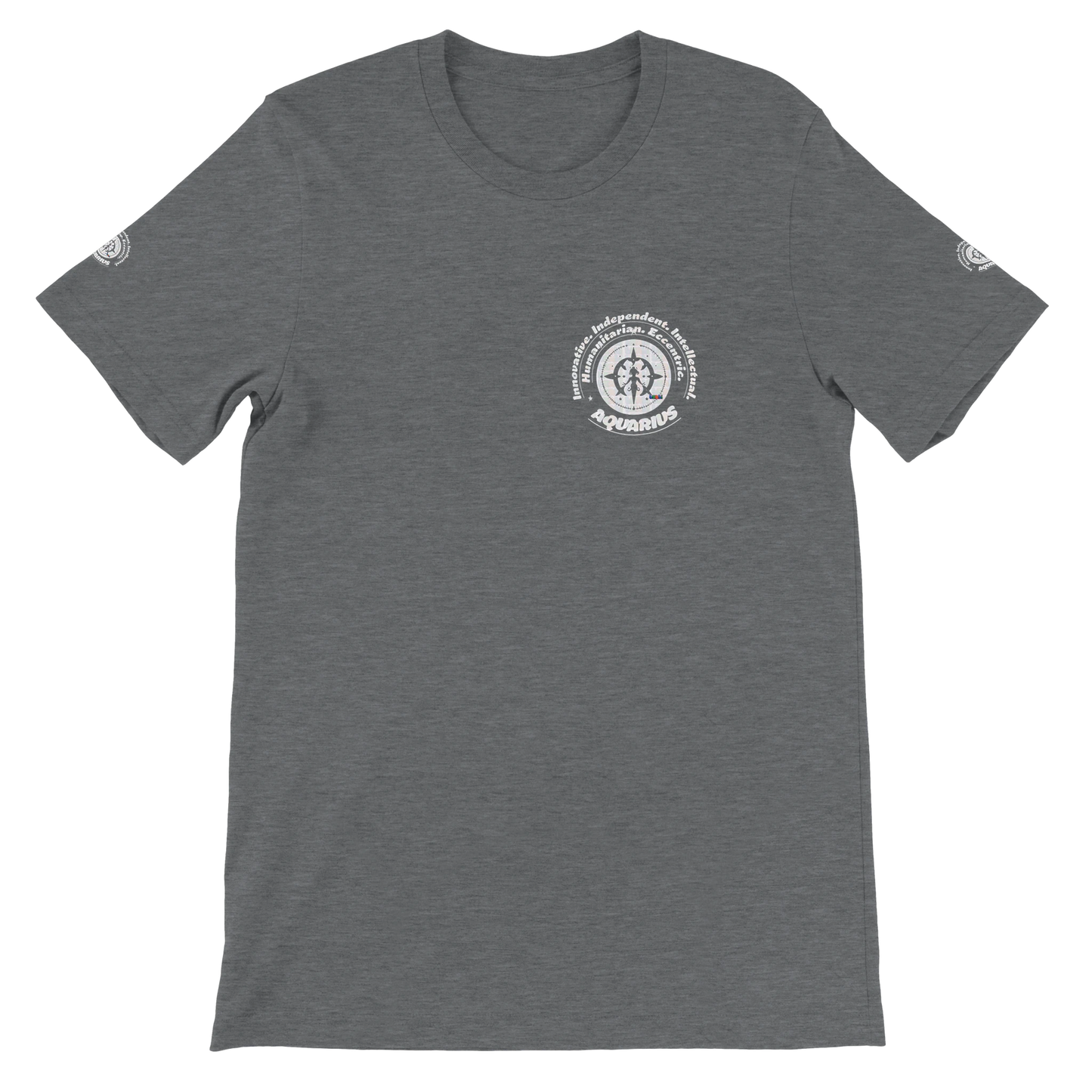 Gray unisex crewneck T-shirt with Aquarius astrology design. Perfect gift, stylish and comfortable for astrology enthusiasts.