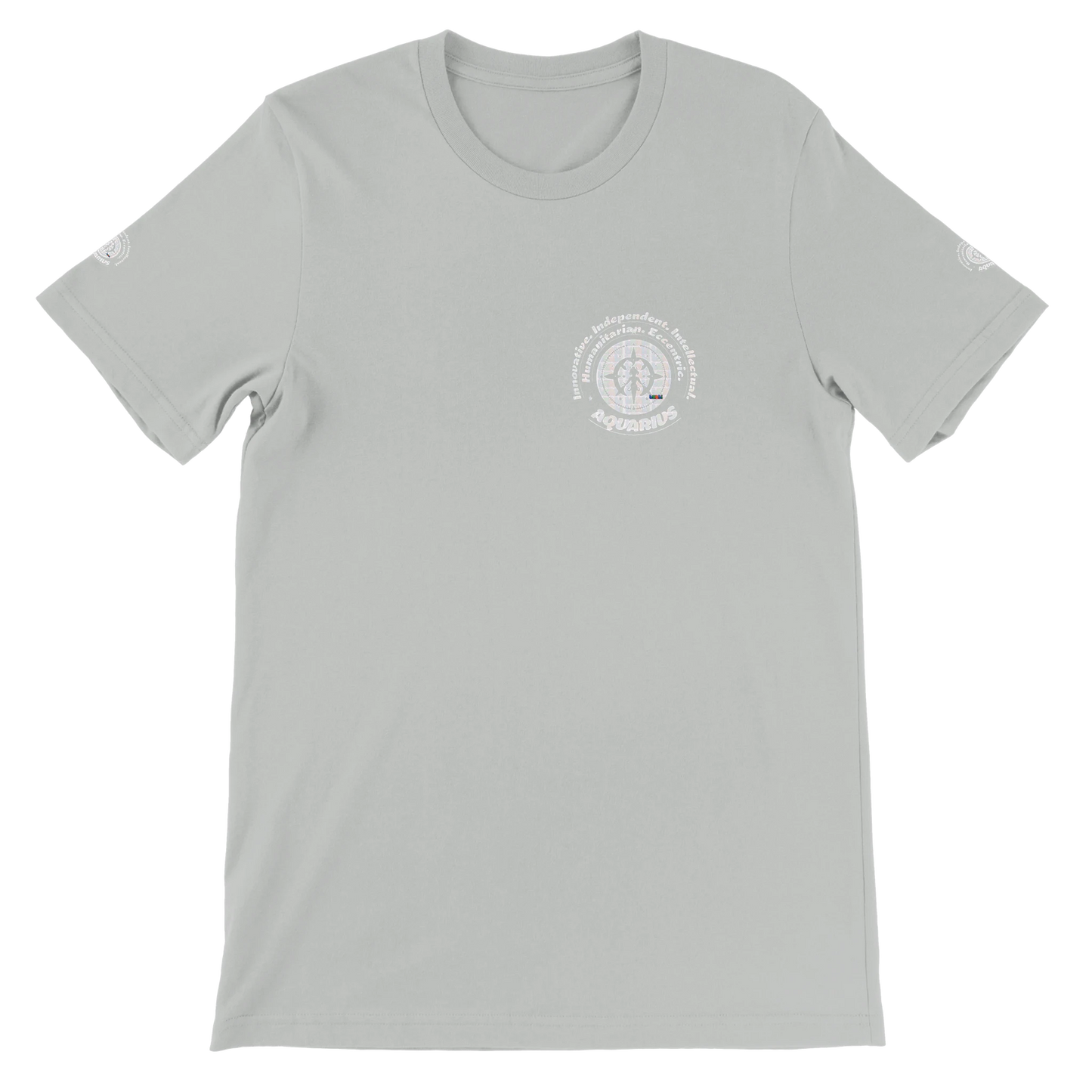 Gray unisex crewneck T-shirt with Aquarius astrology design. Perfect gift, stylish and comfortable for astrology enthusiasts.