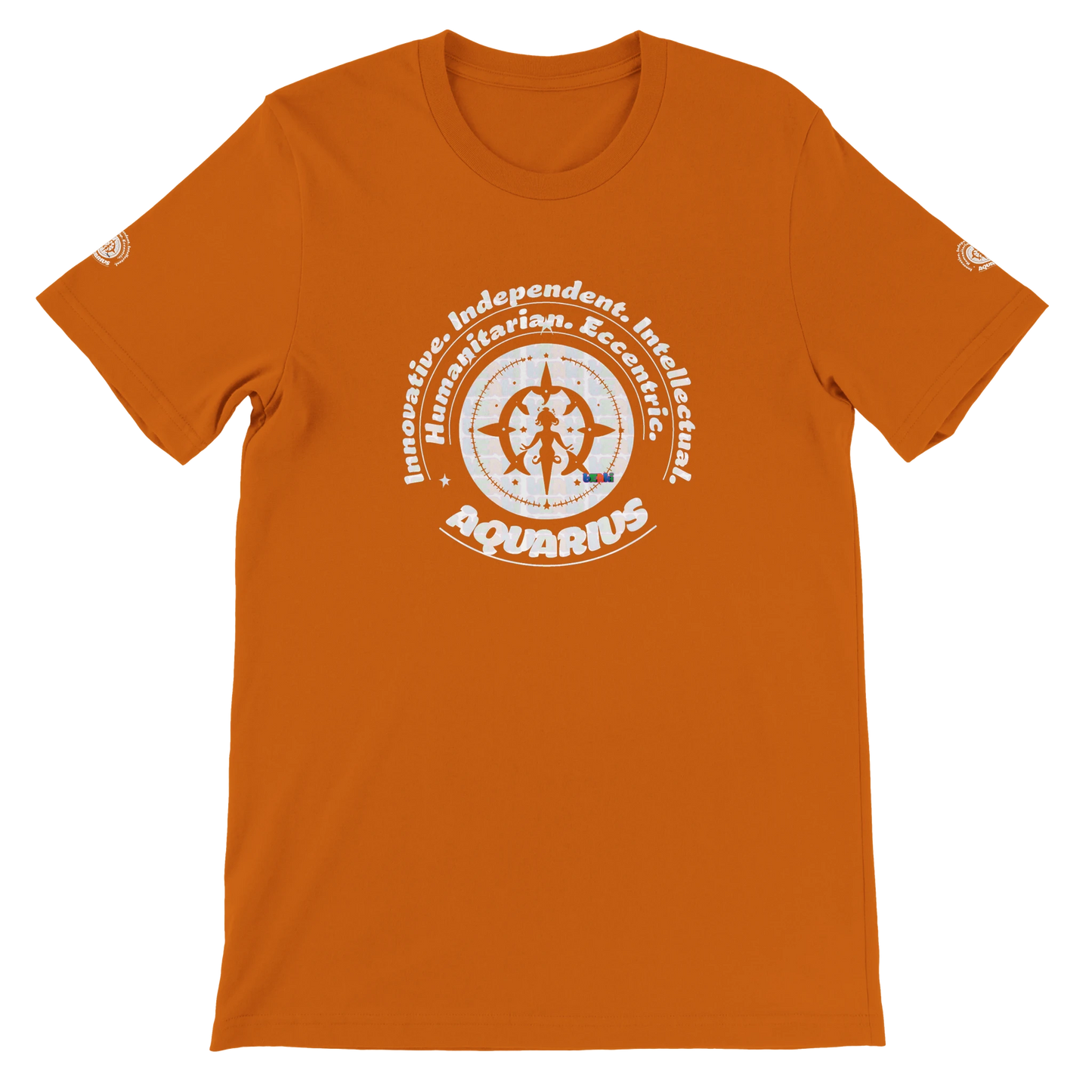 Orange unisex crewneck T-shirt with Aquarius zodiac design, printed on soft Bella + Canvas 3001. Perfect for astrology lovers.