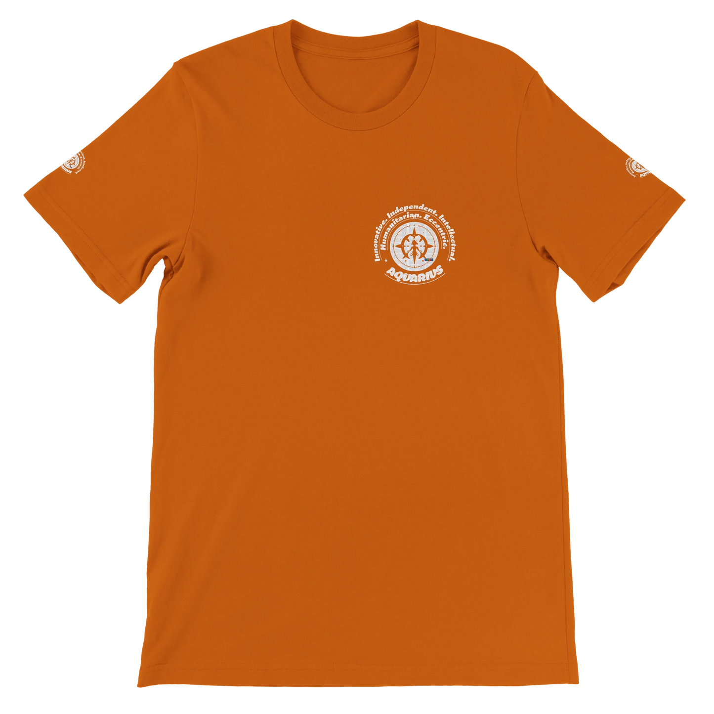 Red unisex crewneck T-shirt with Aquarius zodiac design, perfect birthday gift for horoscope lovers, by trendybuybest.com.