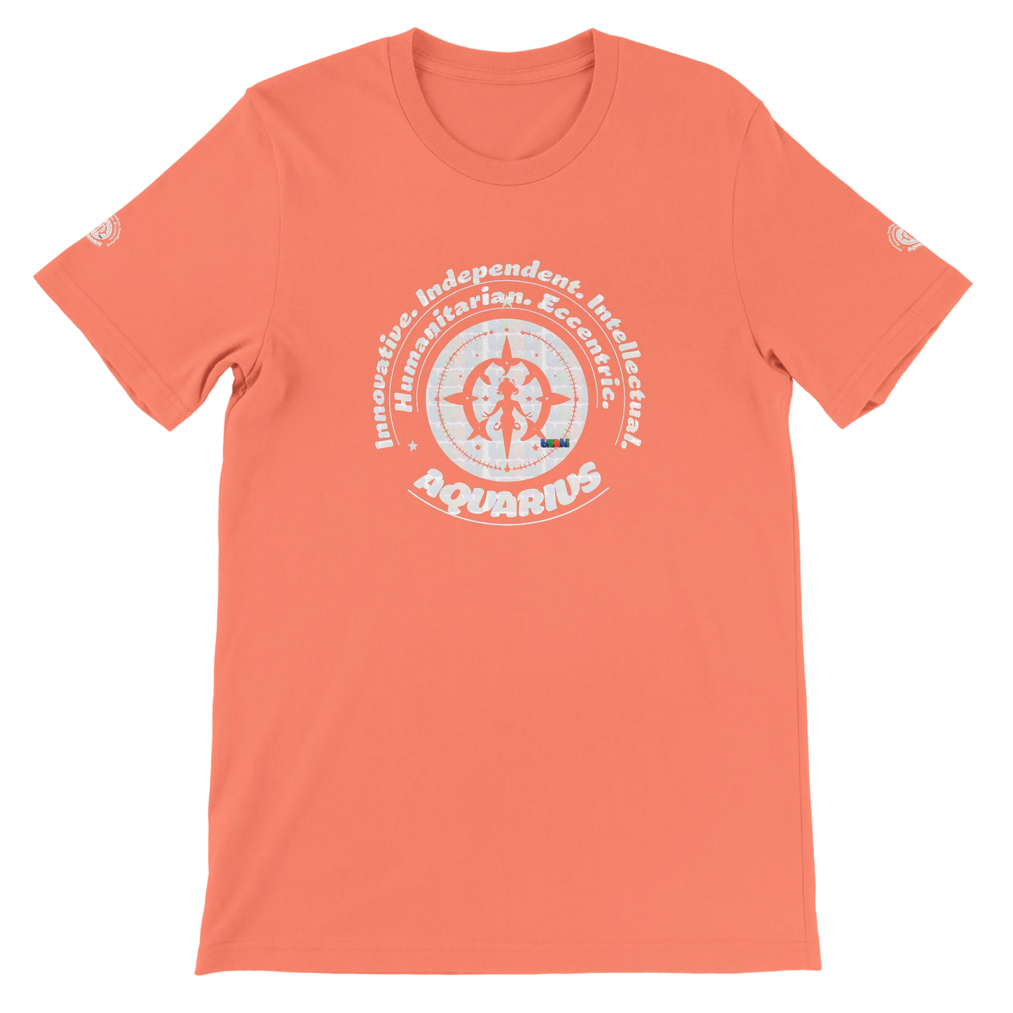 Orange unisex crewneck T-shirt with Aquarius zodiac design, printed on soft Bella + Canvas 3001. Perfect for astrology lovers.