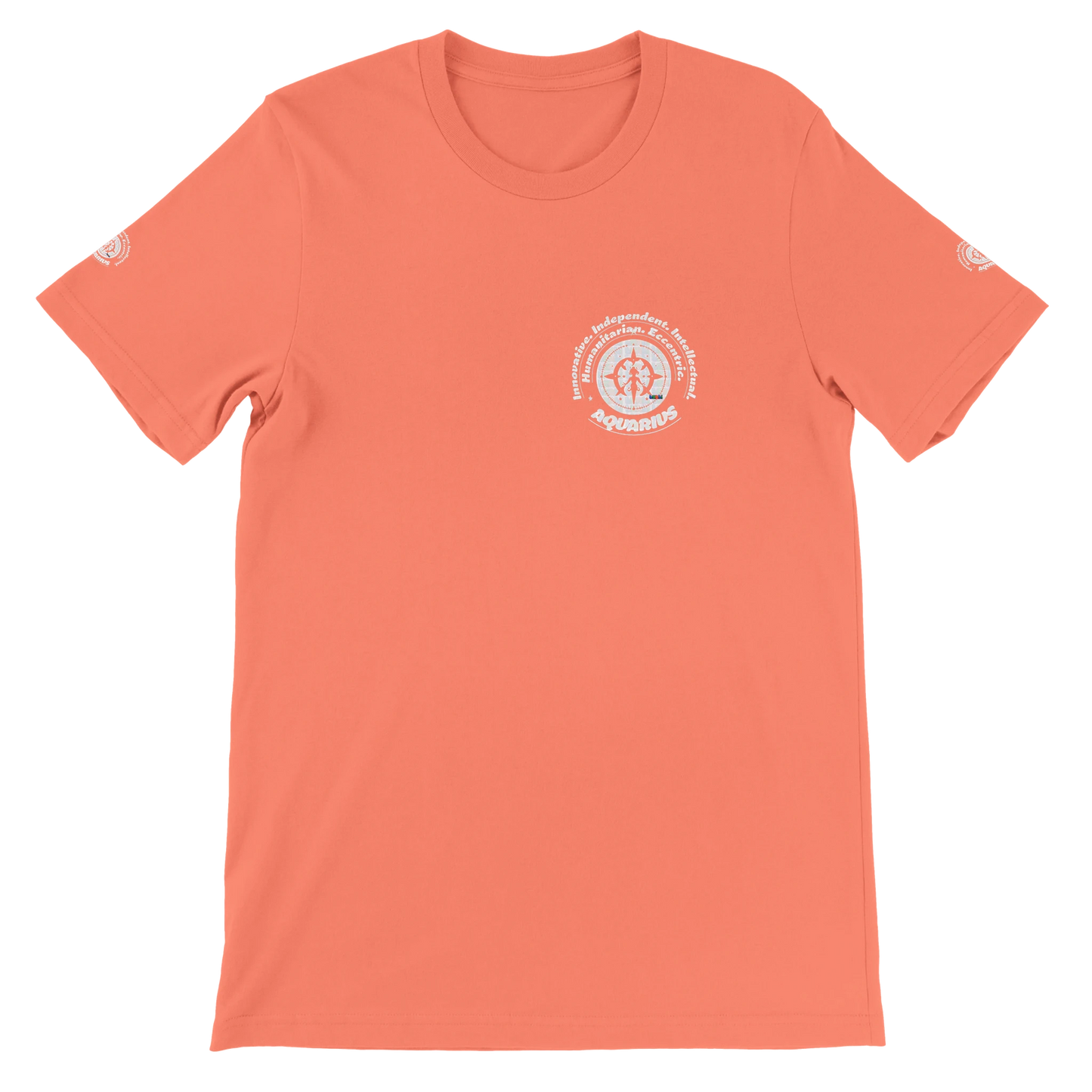 Orange unisex crewneck T-shirt with Aquarius zodiac design, printed on soft Bella + Canvas 3001. Perfect for astrology lovers.