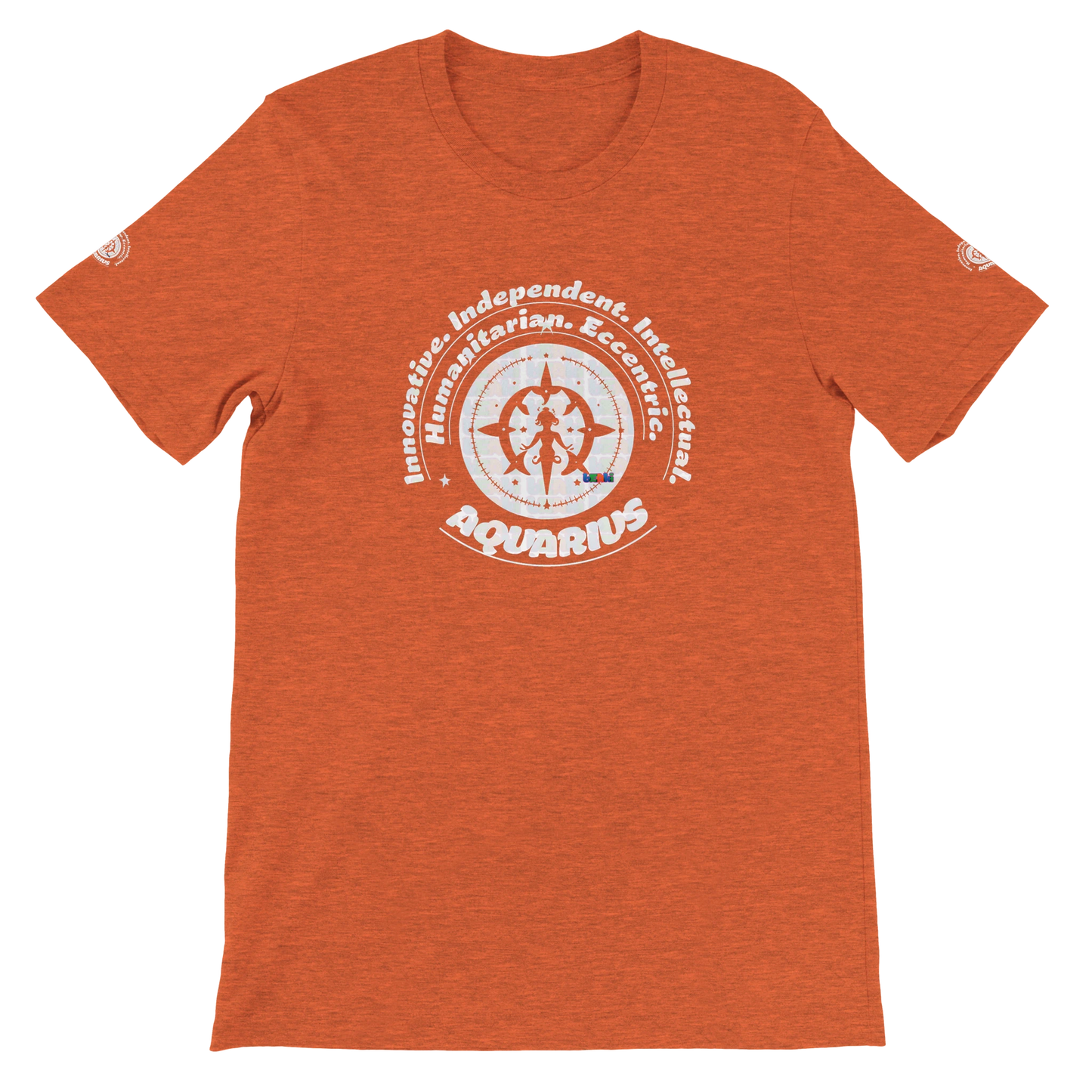 Orange unisex crewneck T-shirt with Aquarius zodiac design, printed on soft Bella + Canvas 3001. Perfect for astrology lovers.
