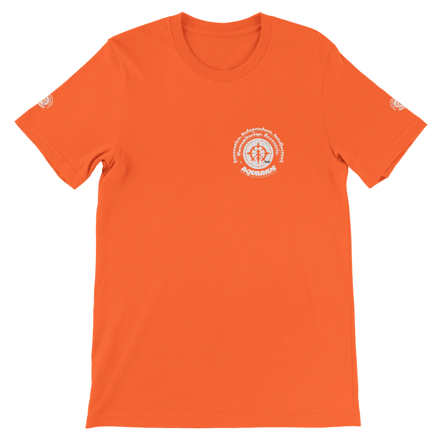Orange unisex crewneck T-shirt with Aquarius zodiac design, printed on soft Bella + Canvas 3001. Perfect for astrology lovers.