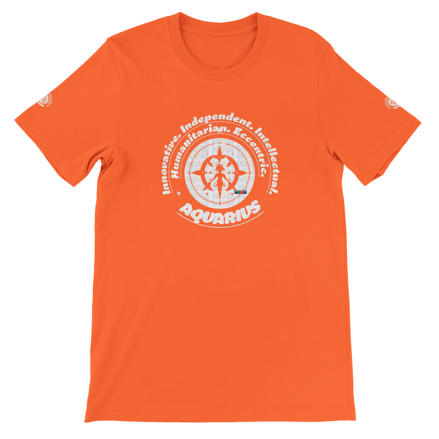 Orange unisex crewneck T-shirt with Aquarius zodiac design, printed on soft Bella + Canvas 3001. Perfect for astrology lovers.