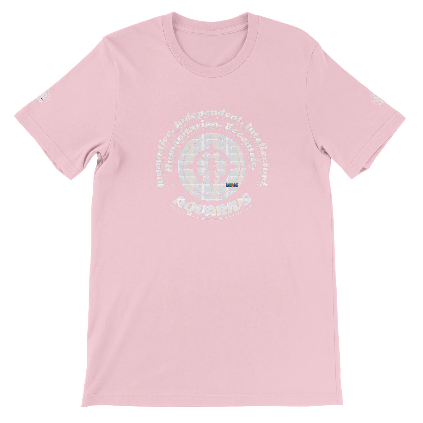 Pink unisex crewneck T-shirt with Aquarius zodiac design, printed on soft Bella + Canvas 3001. Perfect for astrology lovers.
