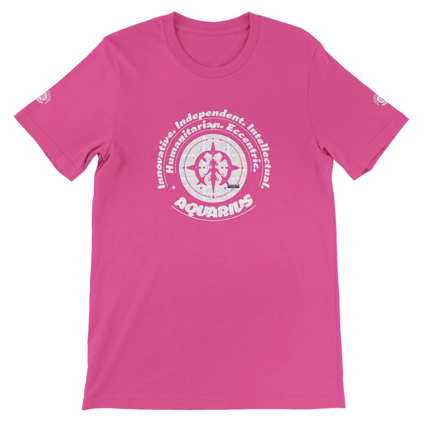 Pink unisex crewneck T-shirt with Aquarius zodiac design, printed on soft Bella + Canvas 3001. Perfect for astrology lovers.