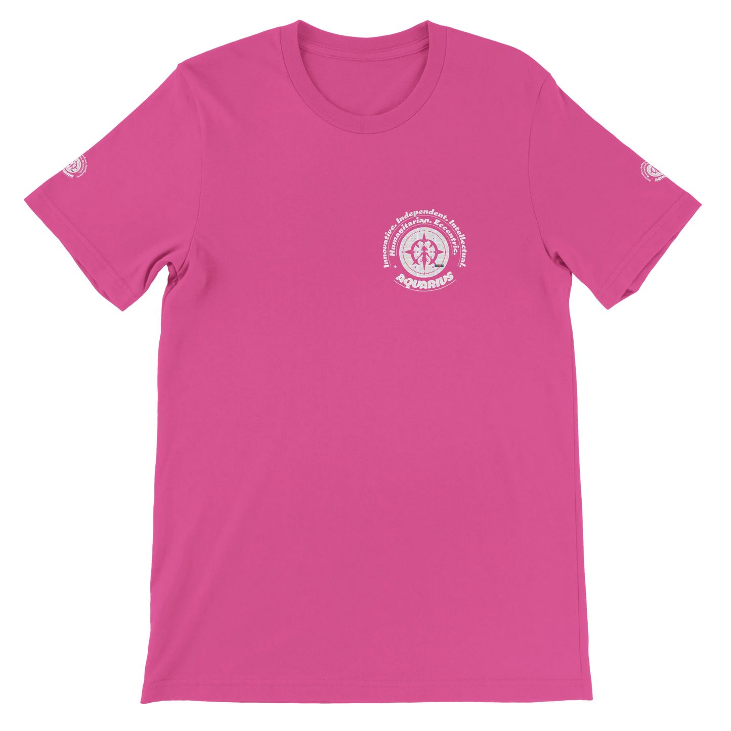 Pink unisex crewneck T-shirt with Aquarius zodiac design, printed on soft Bella + Canvas 3001. Perfect for astrology lovers.