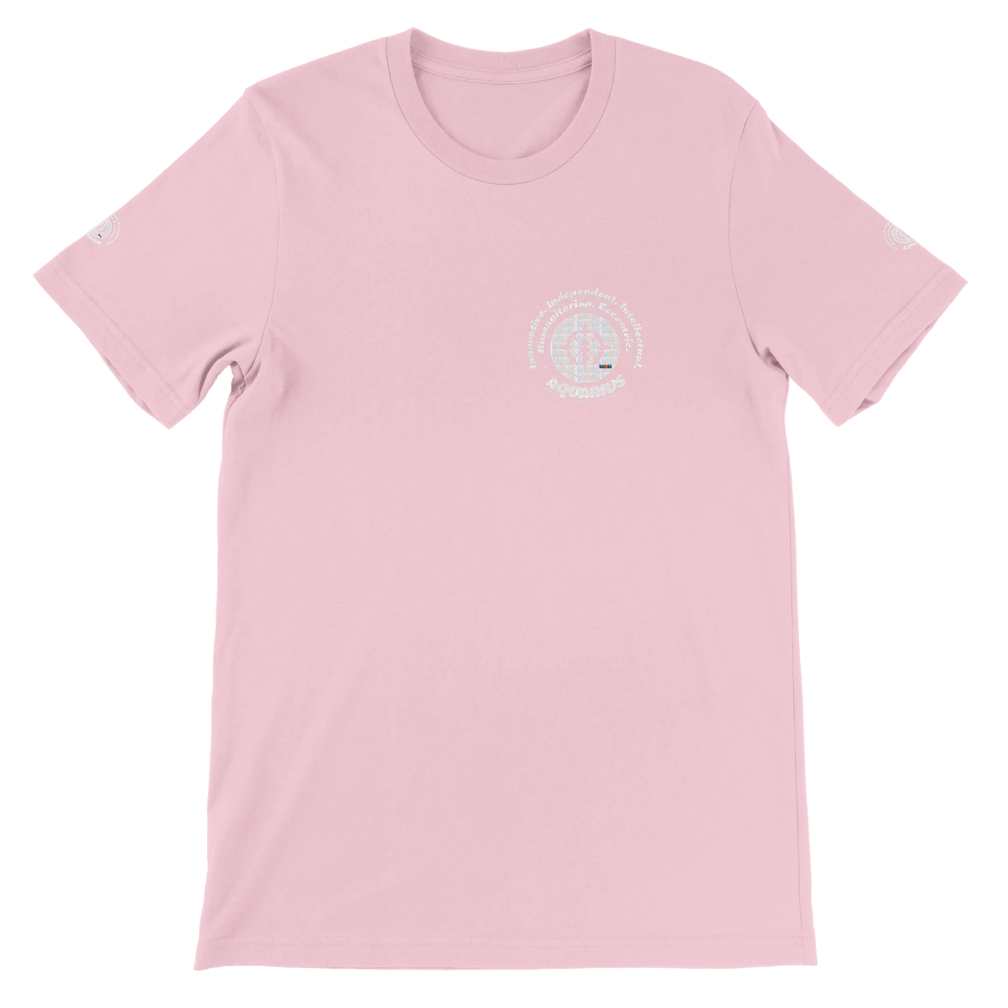 Pink unisex crewneck T-shirt with Aquarius zodiac design, printed on soft Bella + Canvas 3001. Perfect for astrology lovers.
