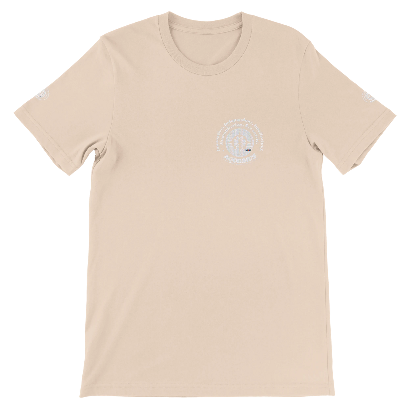 Pink unisex crewneck T-shirt with Aquarius zodiac design, printed on soft Bella + Canvas 3001. Perfect for astrology lovers.