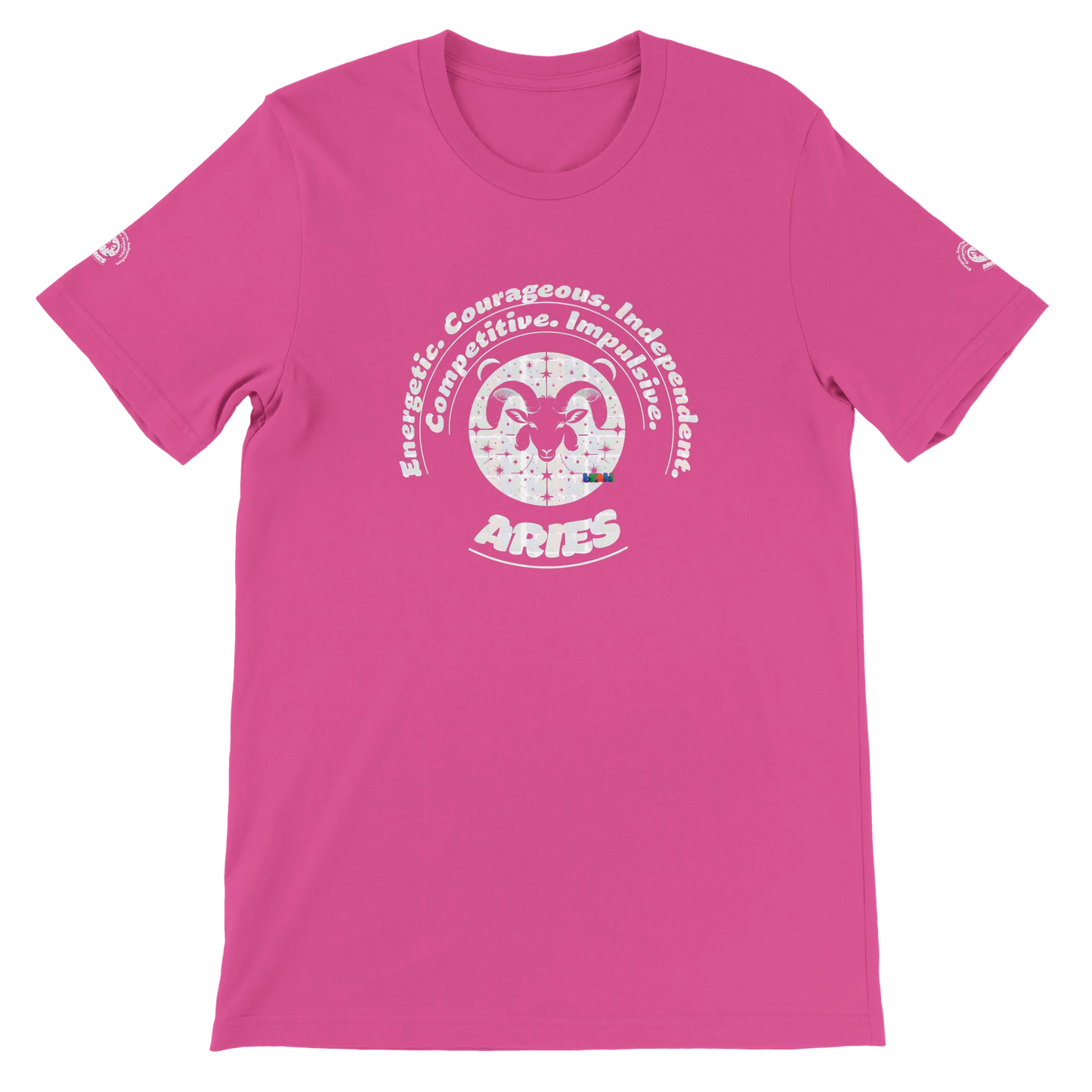 Pink unisex crewneck T-shirt with Aries zodiac horoscope, perfect birthday gift for astrology lovers, soft and stylish.