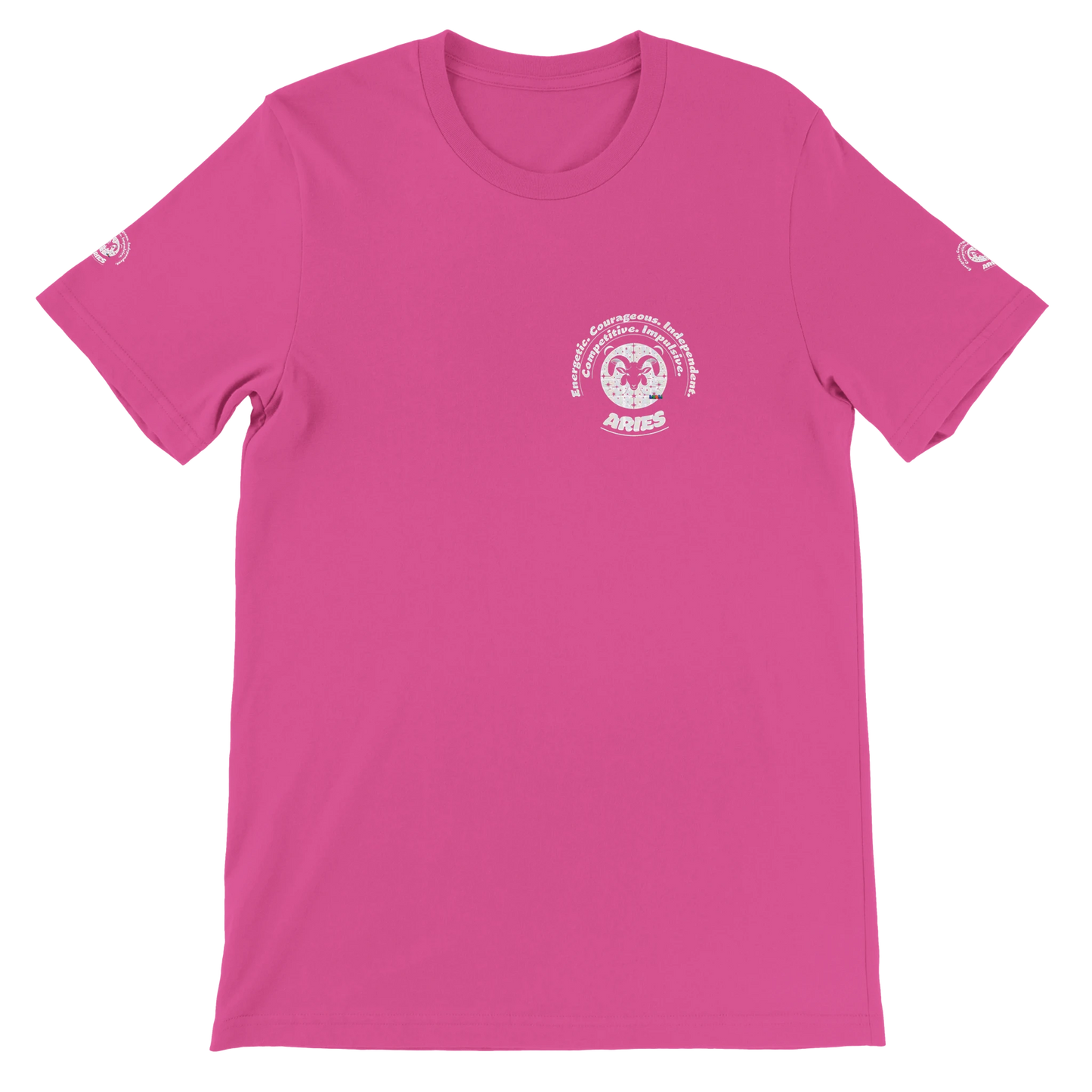 Pink unisex crewneck T-shirt with Aries zodiac horoscope, perfect birthday gift for astrology lovers, soft and stylish.