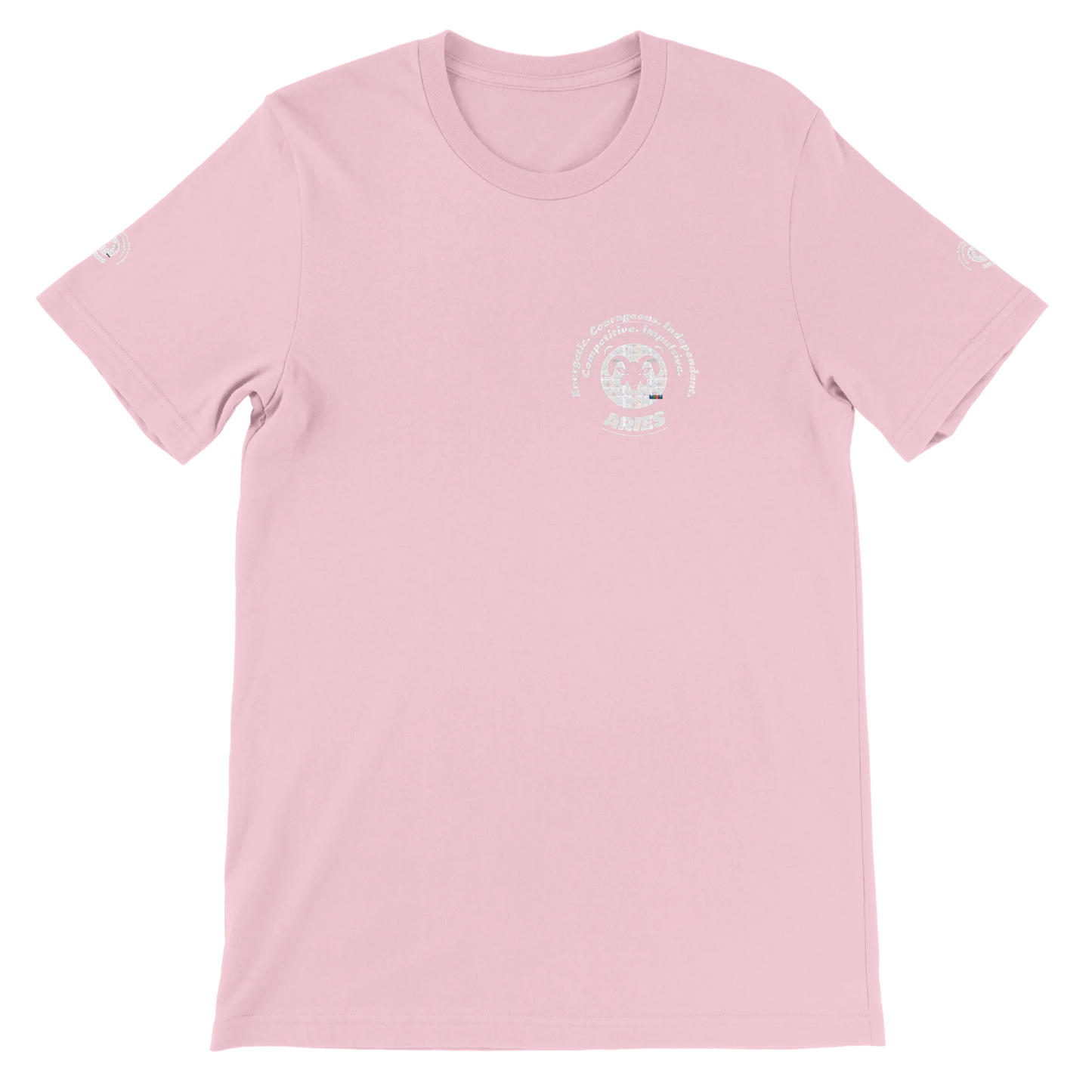 Pink unisex crewneck T-shirt with Aries zodiac horoscope, perfect birthday gift for astrology lovers, soft and stylish.