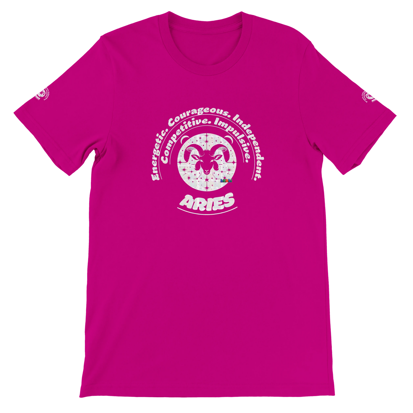 Purple unisex crewneck T-shirt with Aries horoscope zodiac design. Bella + Canvas 3001. Best Kingdom, Lead, Conquer, Ignite.