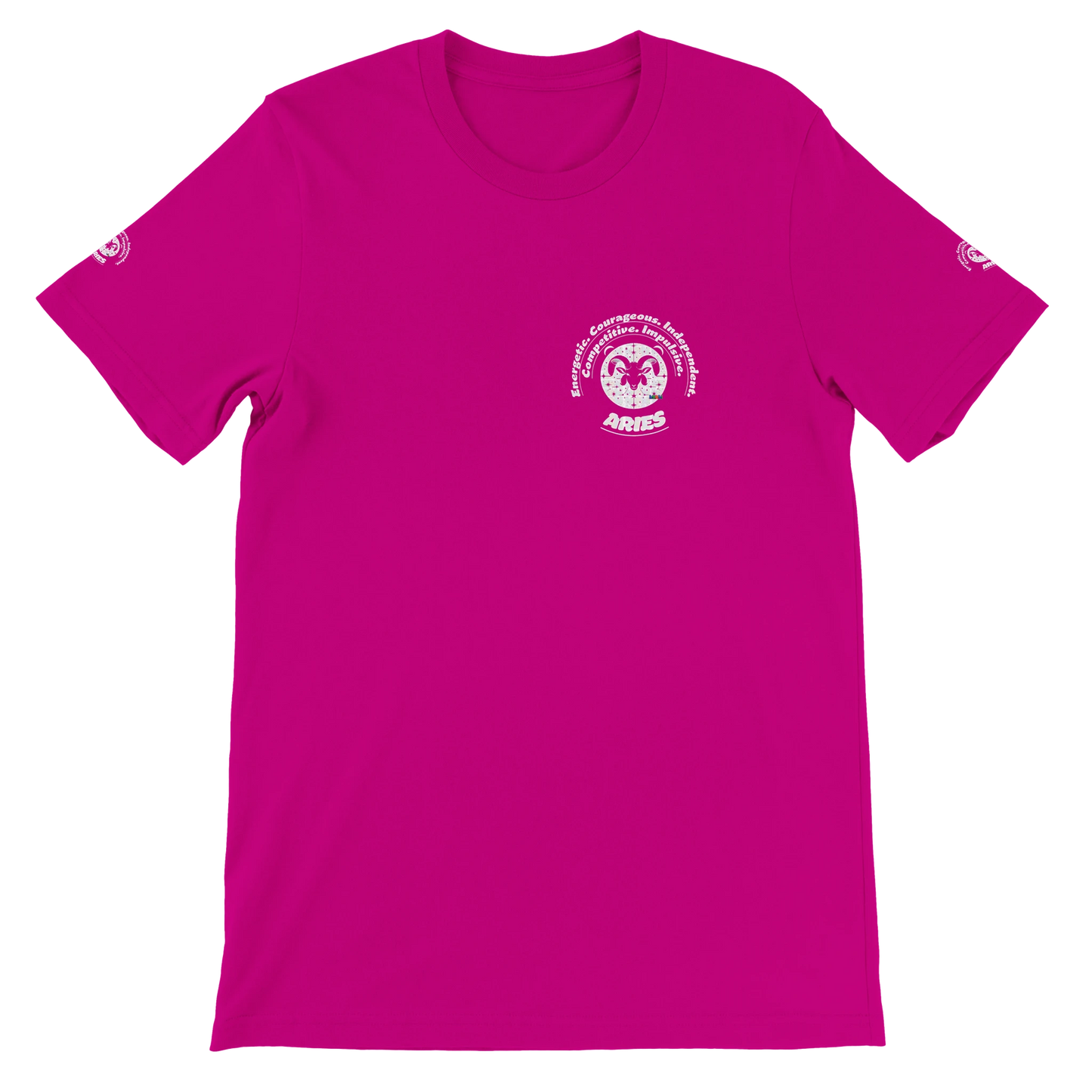 Purple unisex crewneck T-shirt with Aries horoscope zodiac design. Bella + Canvas 3001. Best Kingdom, Lead, Conquer, Ignite.