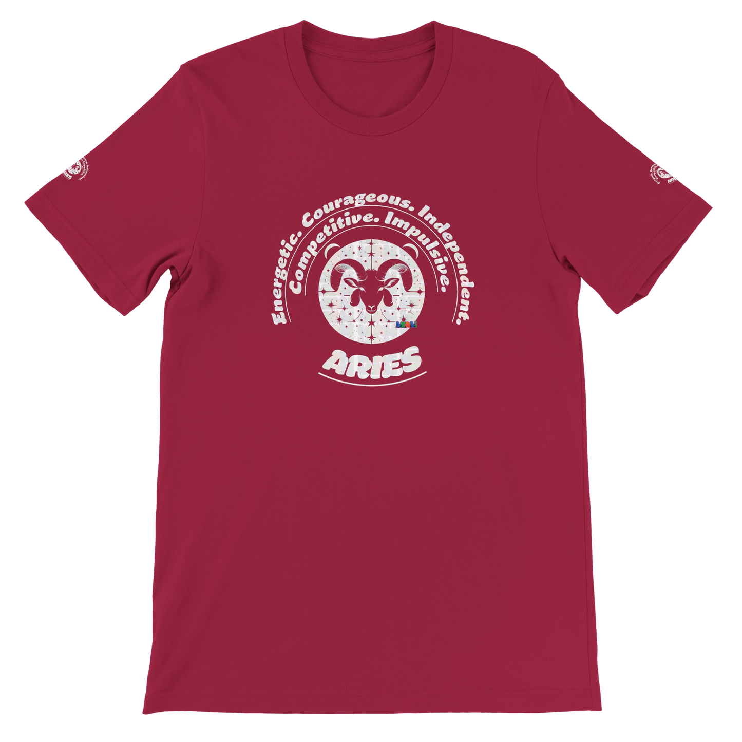 Purple unisex crewneck T-shirt with Aries horoscope zodiac design. Bella + Canvas 3001. Best Kingdom, Lead, Conquer, Ignite.