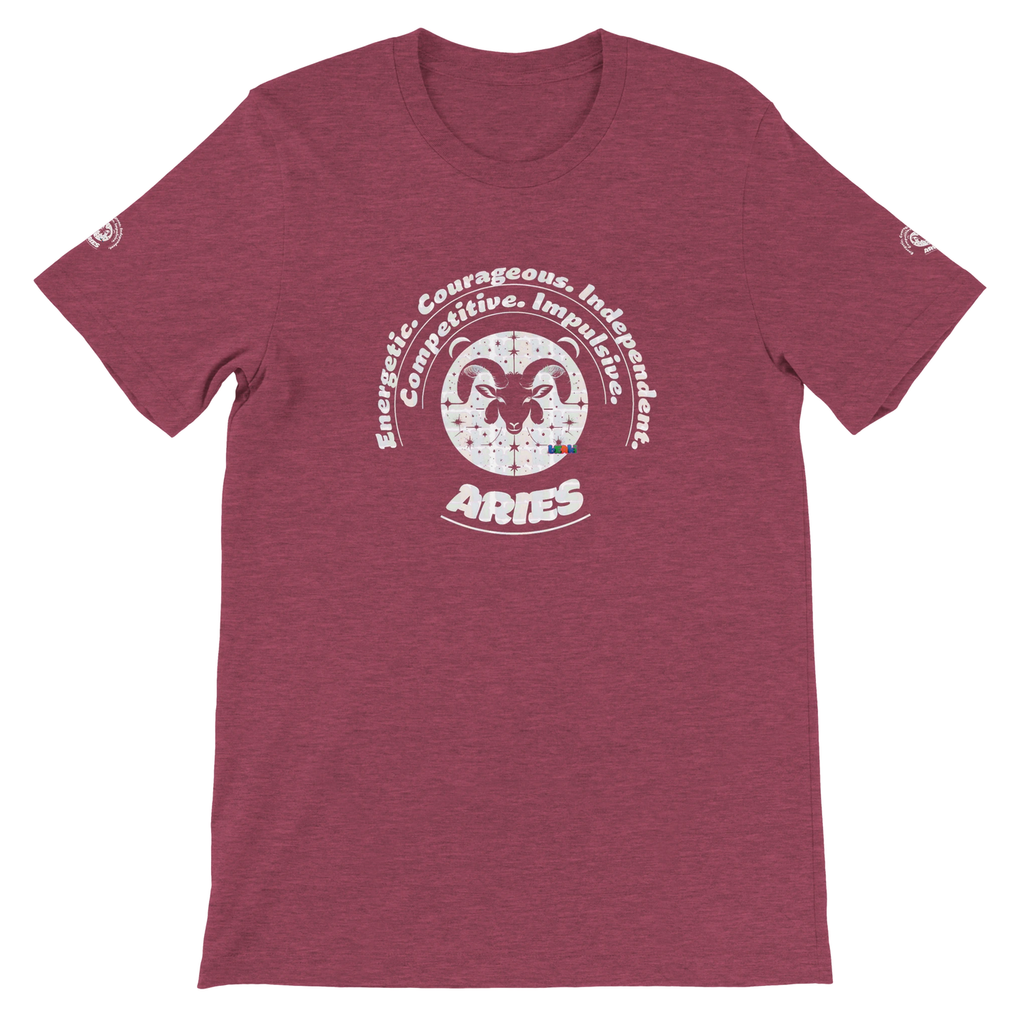 Purple unisex crewneck T-shirt with Aries horoscope zodiac design. Bella + Canvas 3001. Best Kingdom, Lead, Conquer, Ignite.