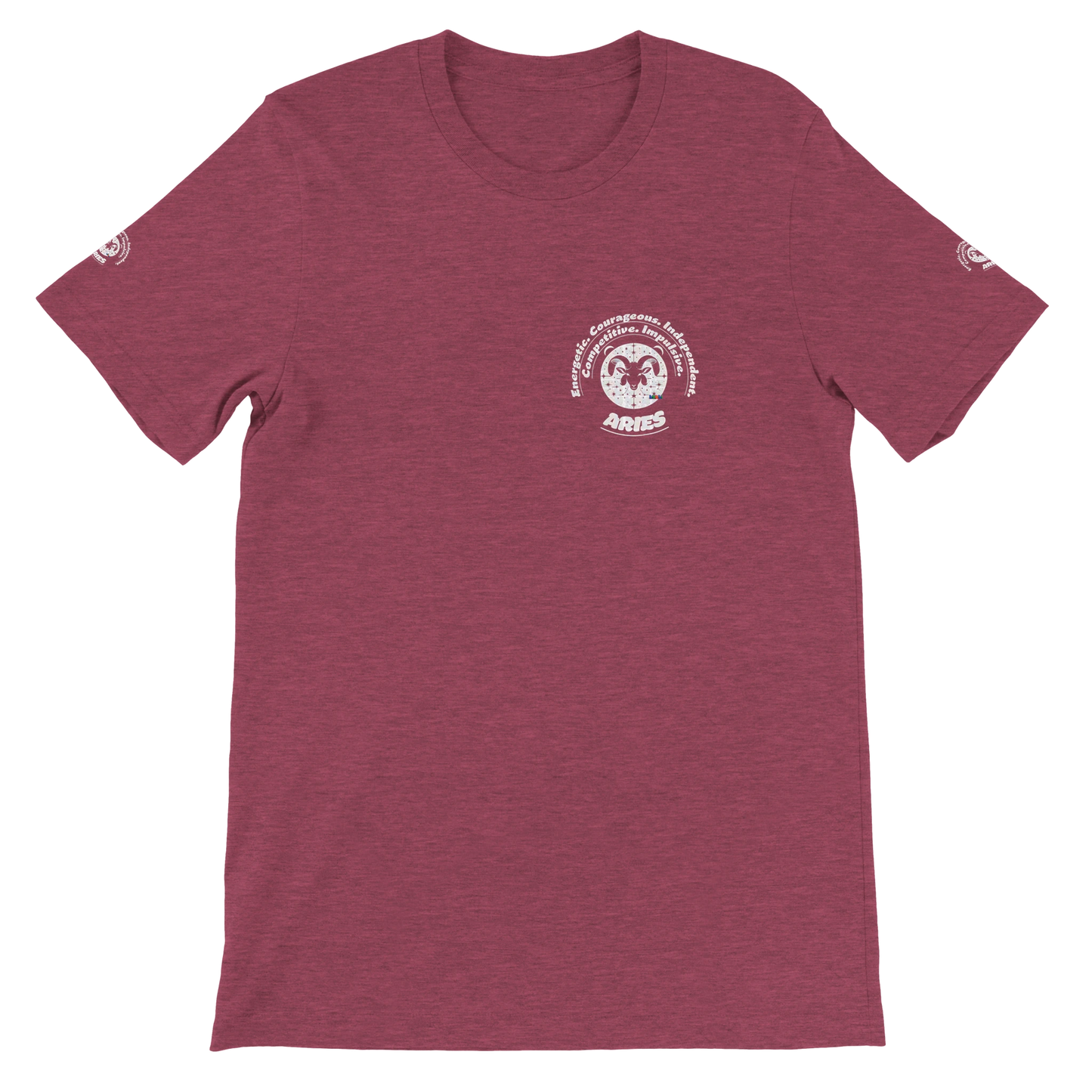 Purple unisex crewneck T-shirt with Aries horoscope zodiac design. Bella + Canvas 3001. Best Kingdom, Lead, Conquer, Ignite.