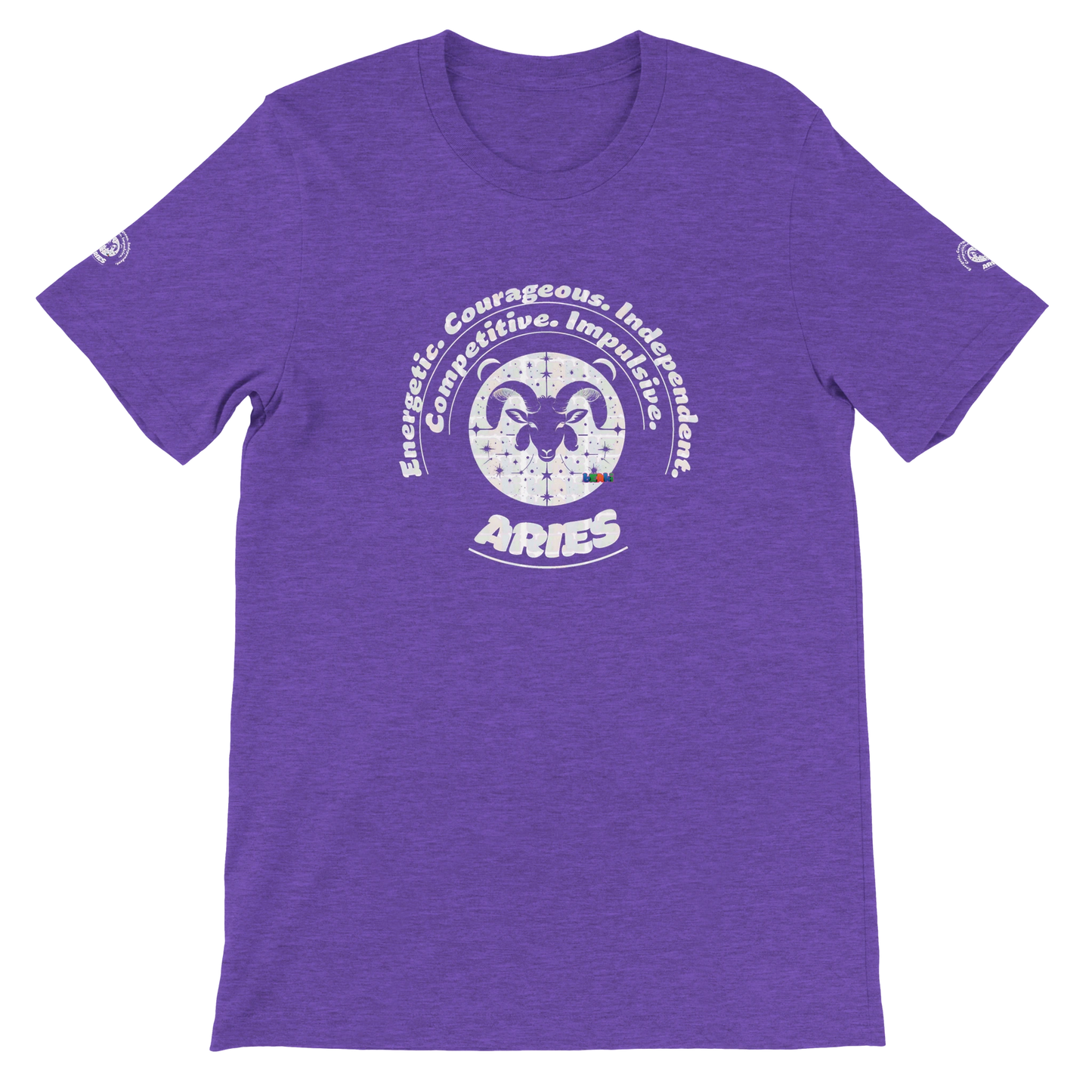 Purple unisex crewneck T-shirt with Aries horoscope zodiac design. Bella + Canvas 3001. Best Kingdom, Lead, Conquer, Ignite.