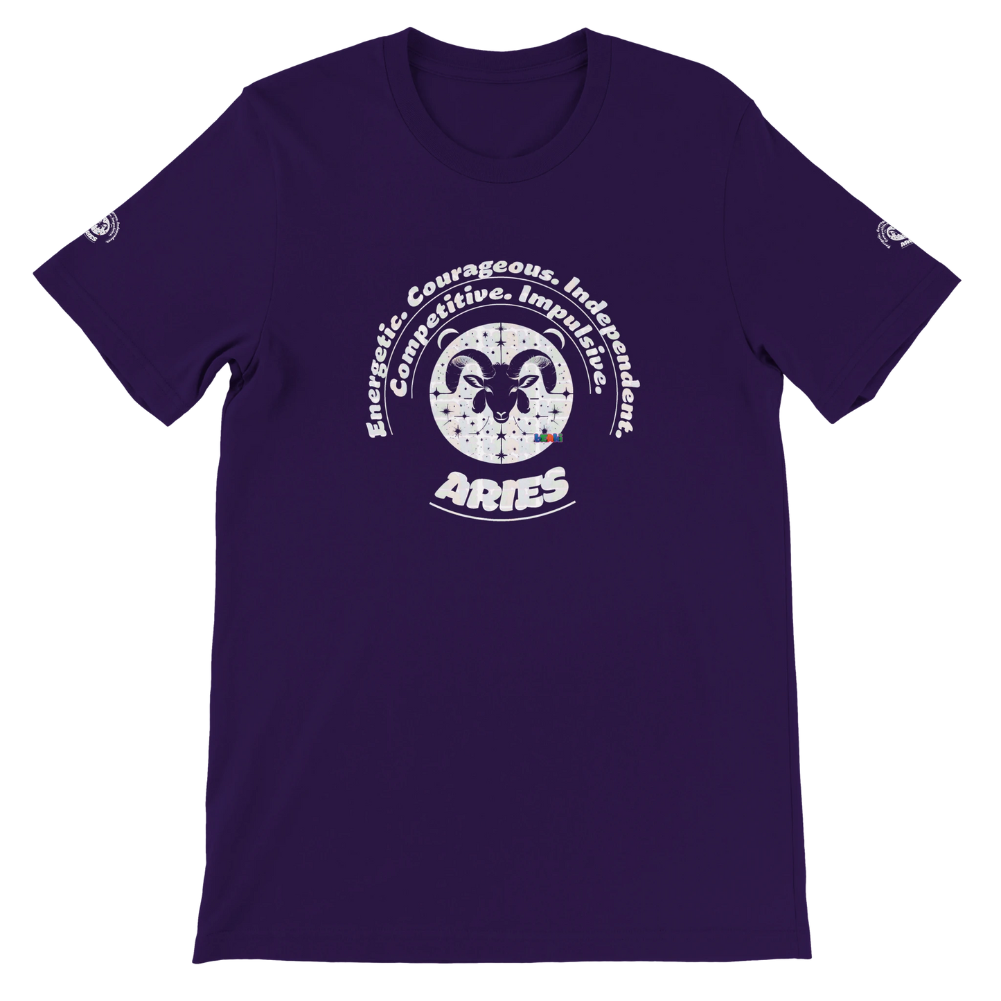 Purple unisex crewneck T-shirt with Aries horoscope zodiac design. Bella + Canvas 3001. Best Kingdom, Lead, Conquer, Ignite.