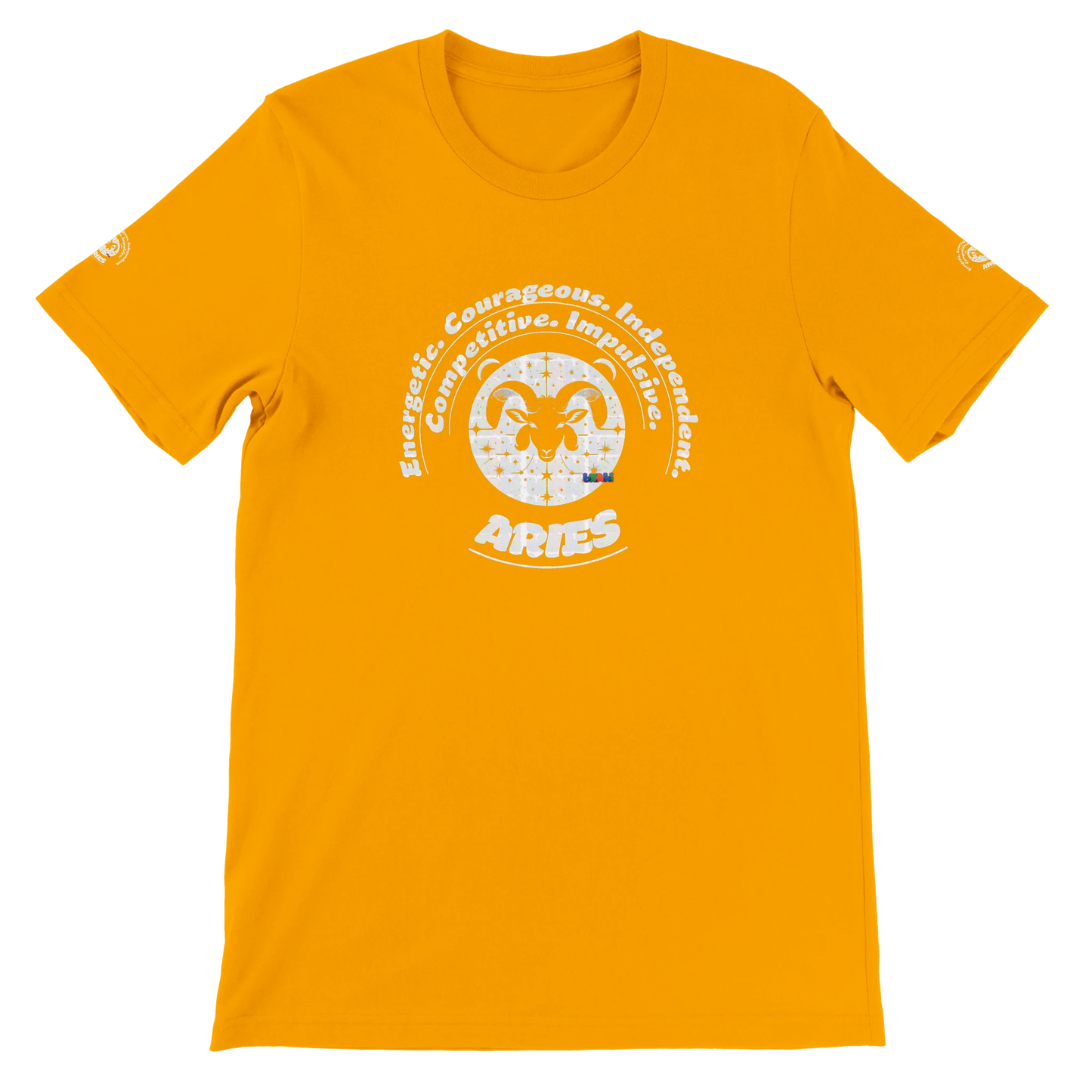 Yellow unisex crewneck T-shirt with Aries Horoscope Zodiac design on soft Bella + Canvas 3001. Comfortable and stylish for all.