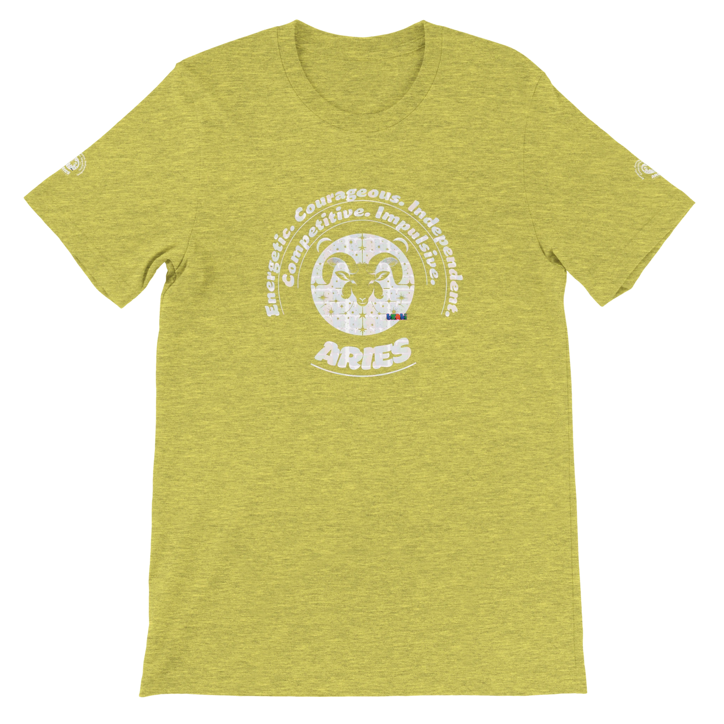 Yellow unisex crewneck T-shirt with Aries Horoscope Zodiac design on soft Bella + Canvas 3001. Comfortable and stylish for all.
